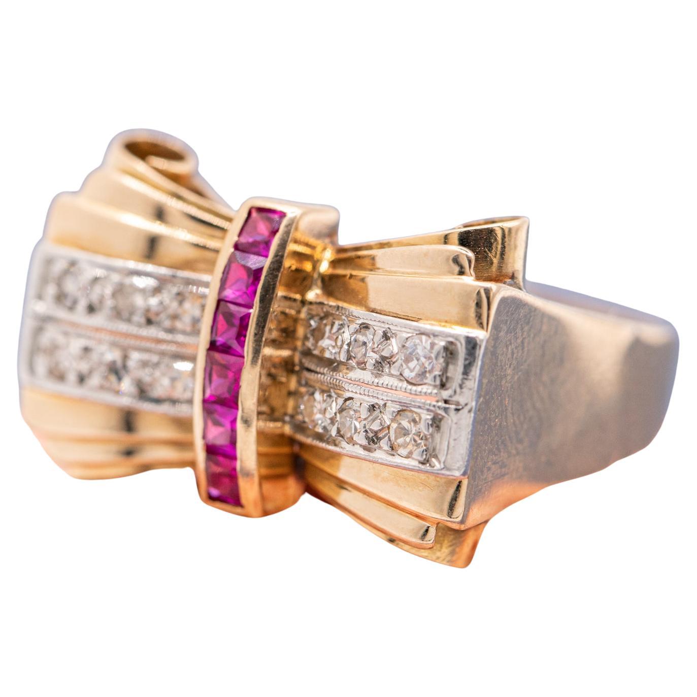 18 Karat Solid Gold Tank Ring - Ruby & Natural Di… - image 1