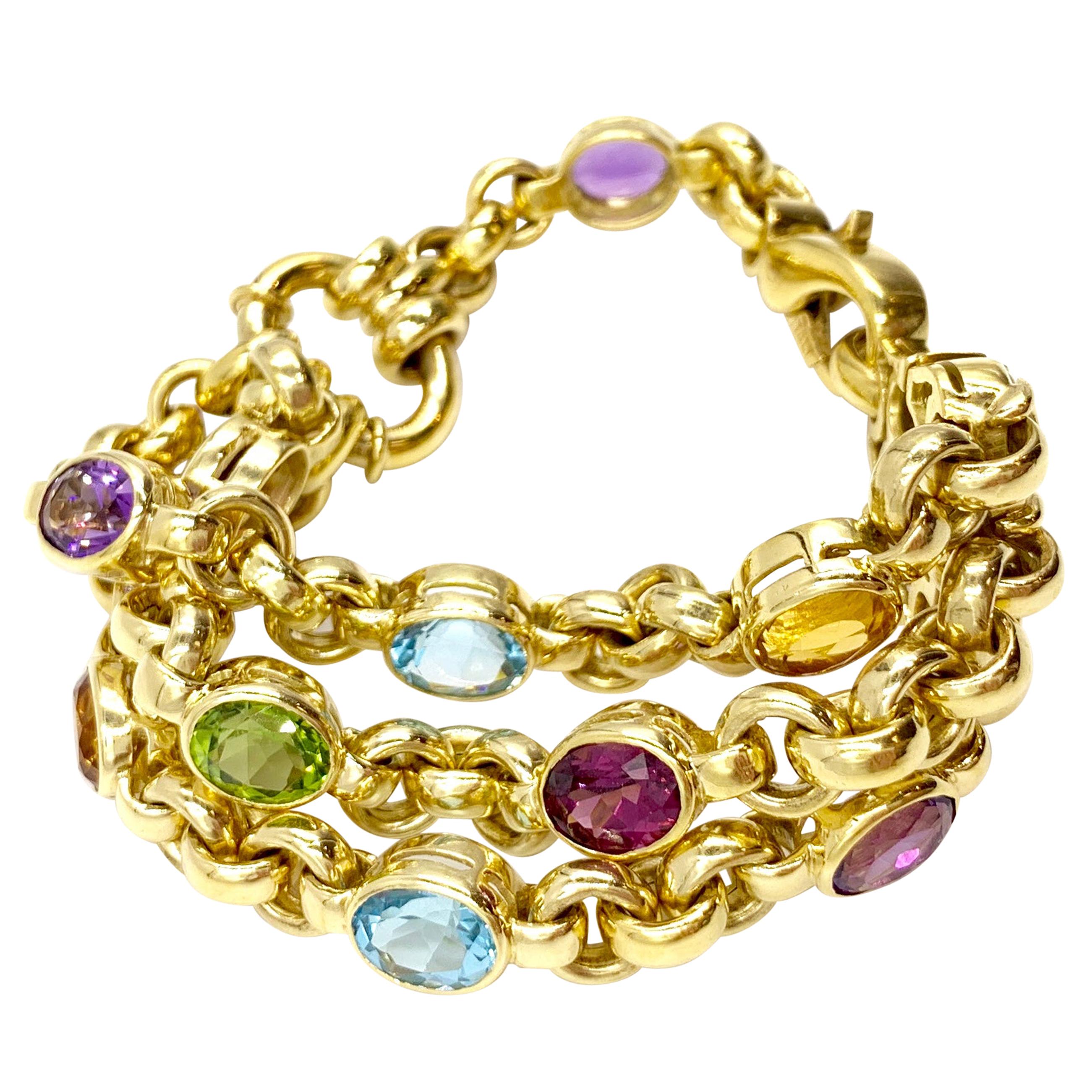 18 Karat Solid Link Bracelet with Scattered Semi Precious Gemstones