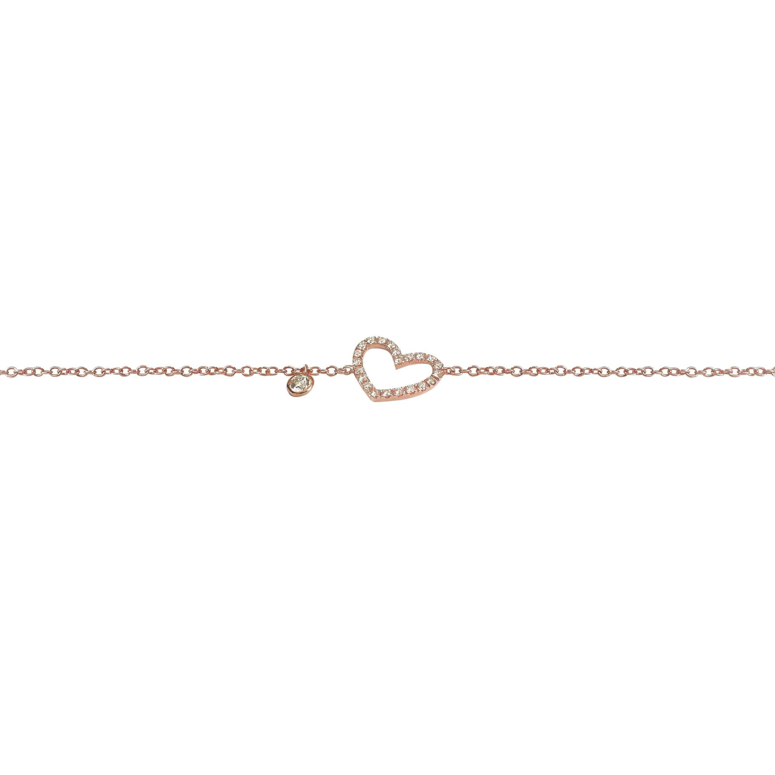 18 Karat solid rose gold bracelet micro-set with high quality white diamonds.
Easy to wear any time of the day throughout the year.
Length: 18.00 cm 
Heart’s Width: 1.10 cm
Hallmark: London Goldsmiths’s Company –  Assay Office
All our jewellery are