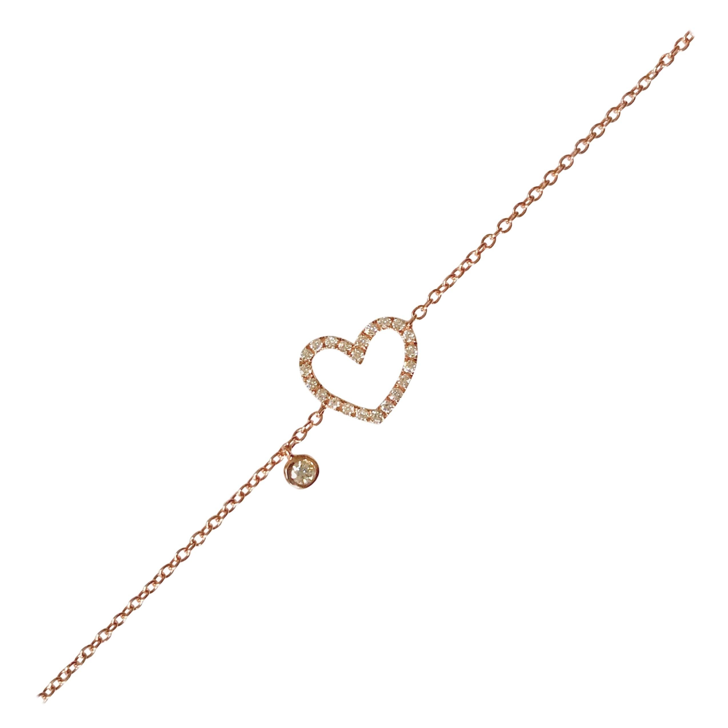 18 Karat Solid Rose Gold White Diamond Heart Love Charm Chain Bracelet For Sale