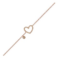 18 Karat Solid Rose Gold White Diamond Heart Love Charm Chain Bracelet