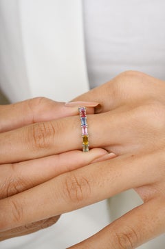 18 Karat Solid White Gold Multi Sapphire Stacking Band Ring for Her