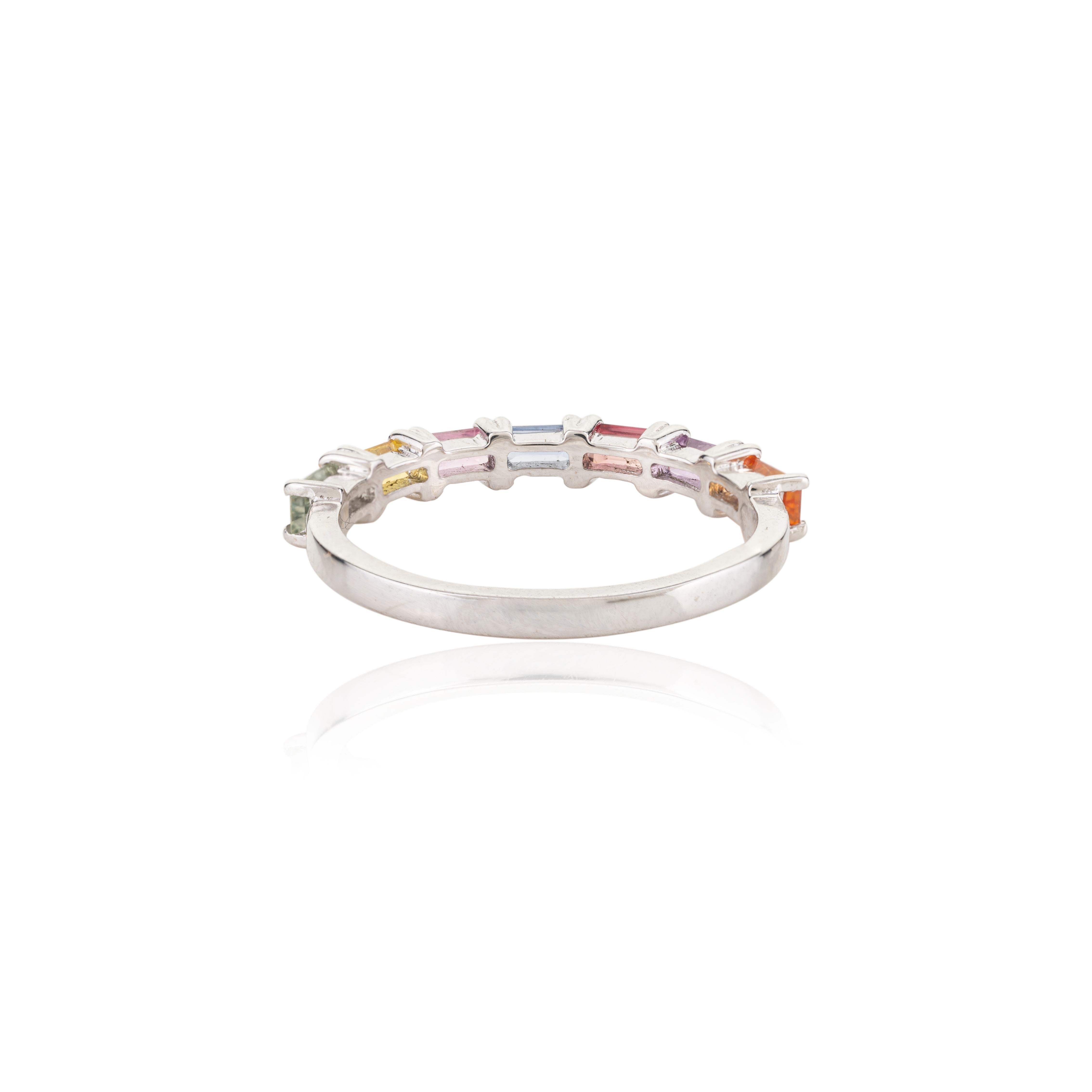 For Sale:  18 Karat Solid White Gold Multi Sapphire Stacking Band Ring for Her 7