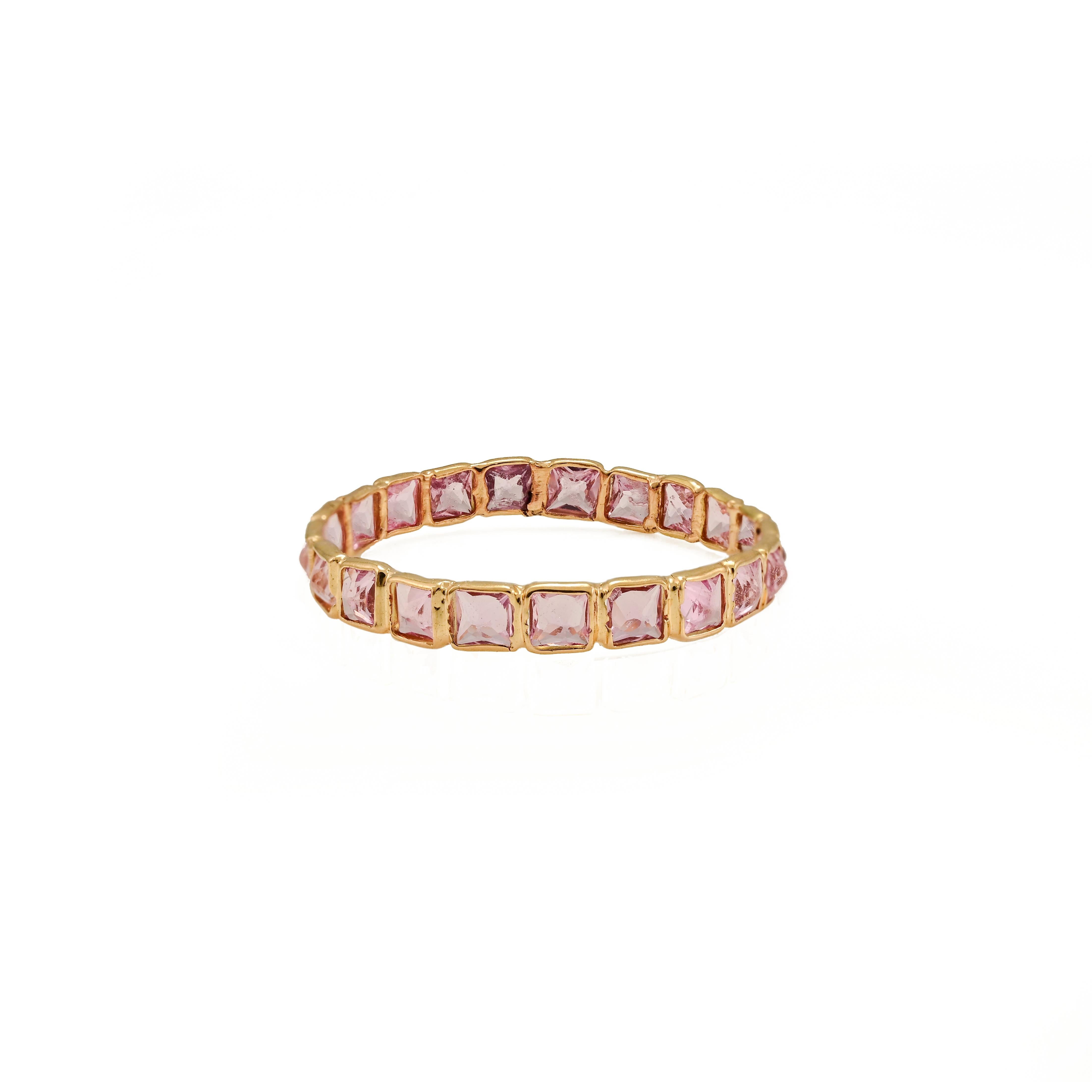 For Sale:  18 Karat Solid Yellow Gold Thin Pink Sapphire Eternity Band Ring, Everyday Ring  3