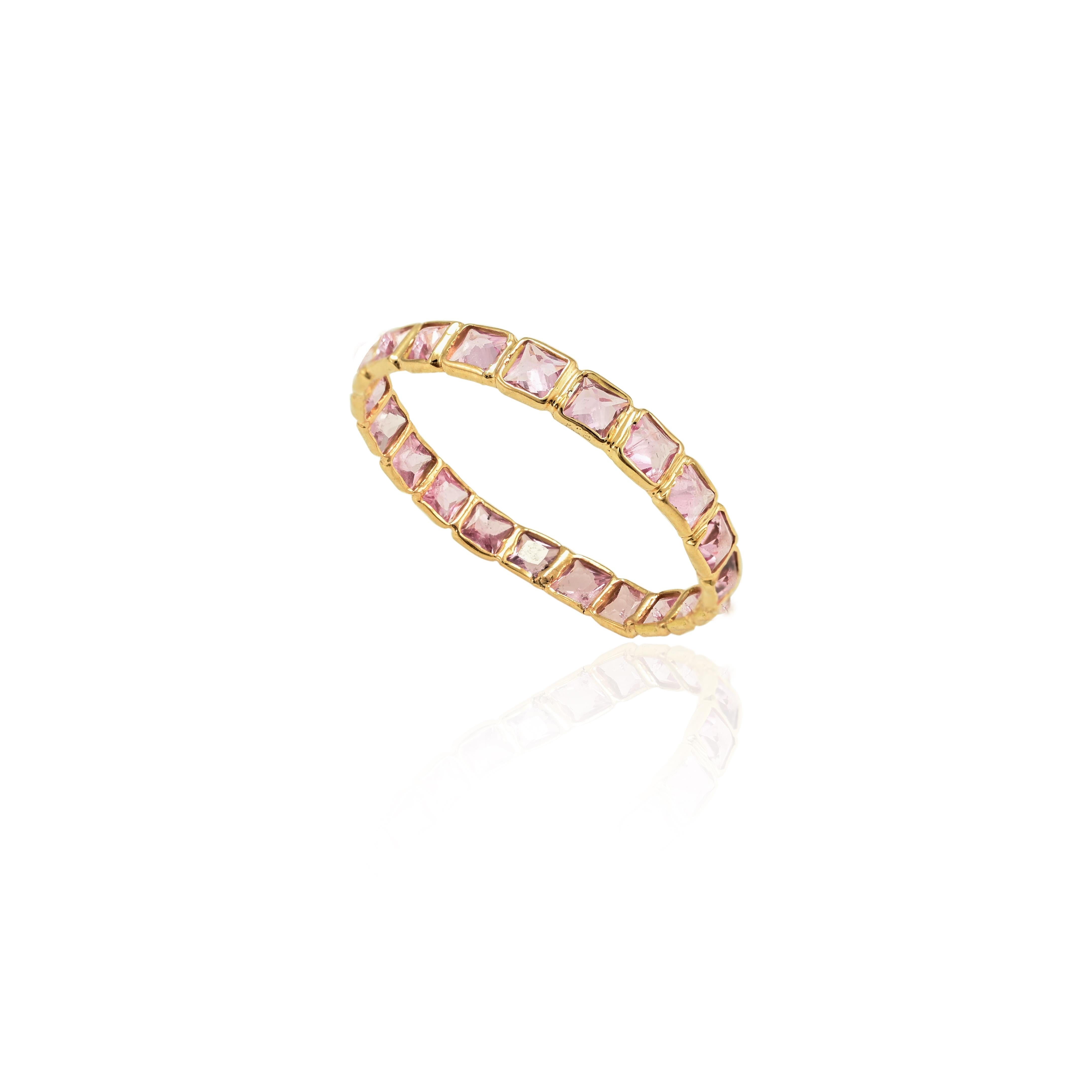 For Sale:  18 Karat Solid Yellow Gold Thin Pink Sapphire Eternity Band Ring, Everyday Ring  4
