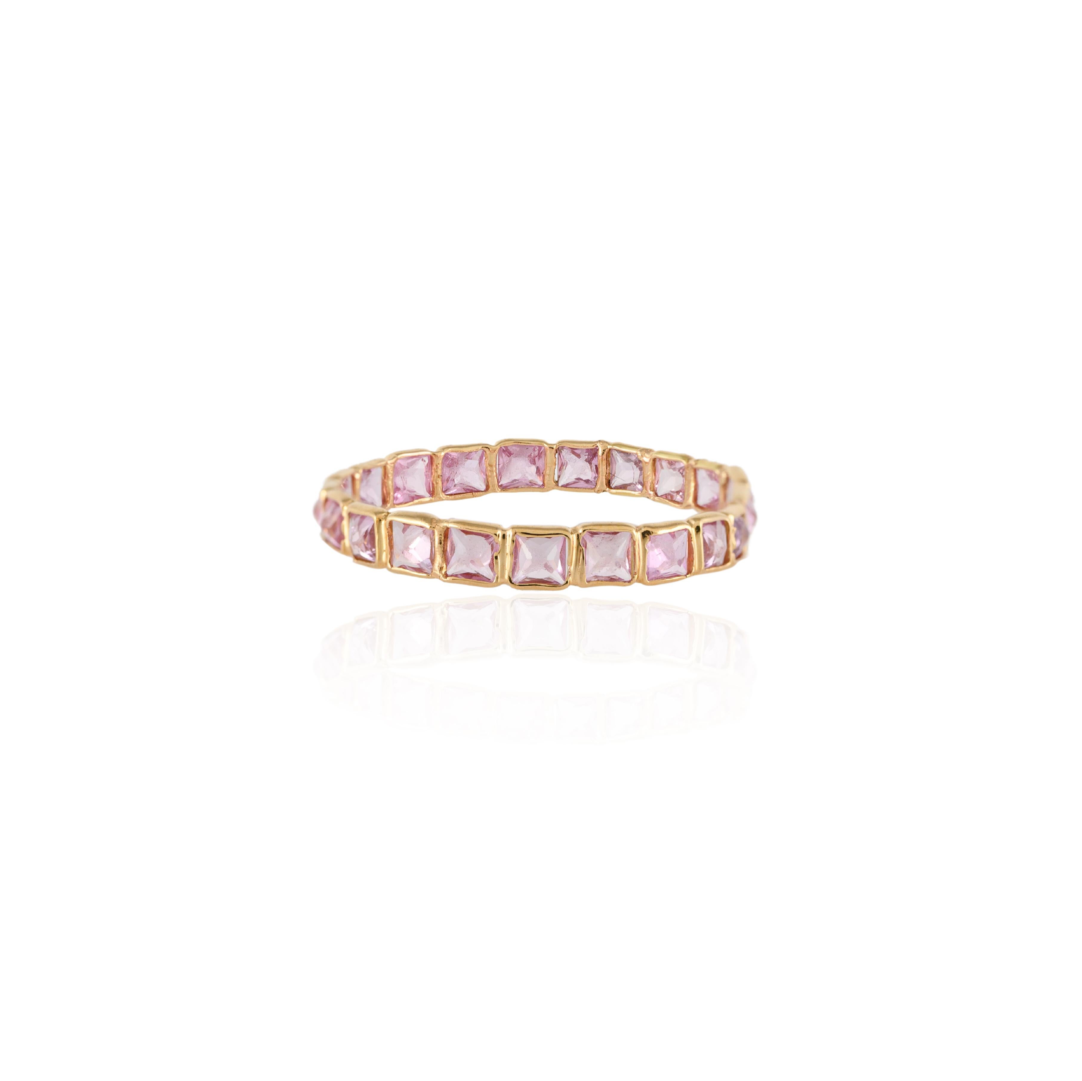 For Sale:  18 Karat Solid Yellow Gold Thin Pink Sapphire Eternity Band Ring, Everyday Ring  7