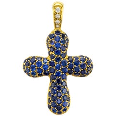 18 Karat Solid Yellow Gold Ct 6.35 Blue Sapphires and Diamonds Cross Pendant