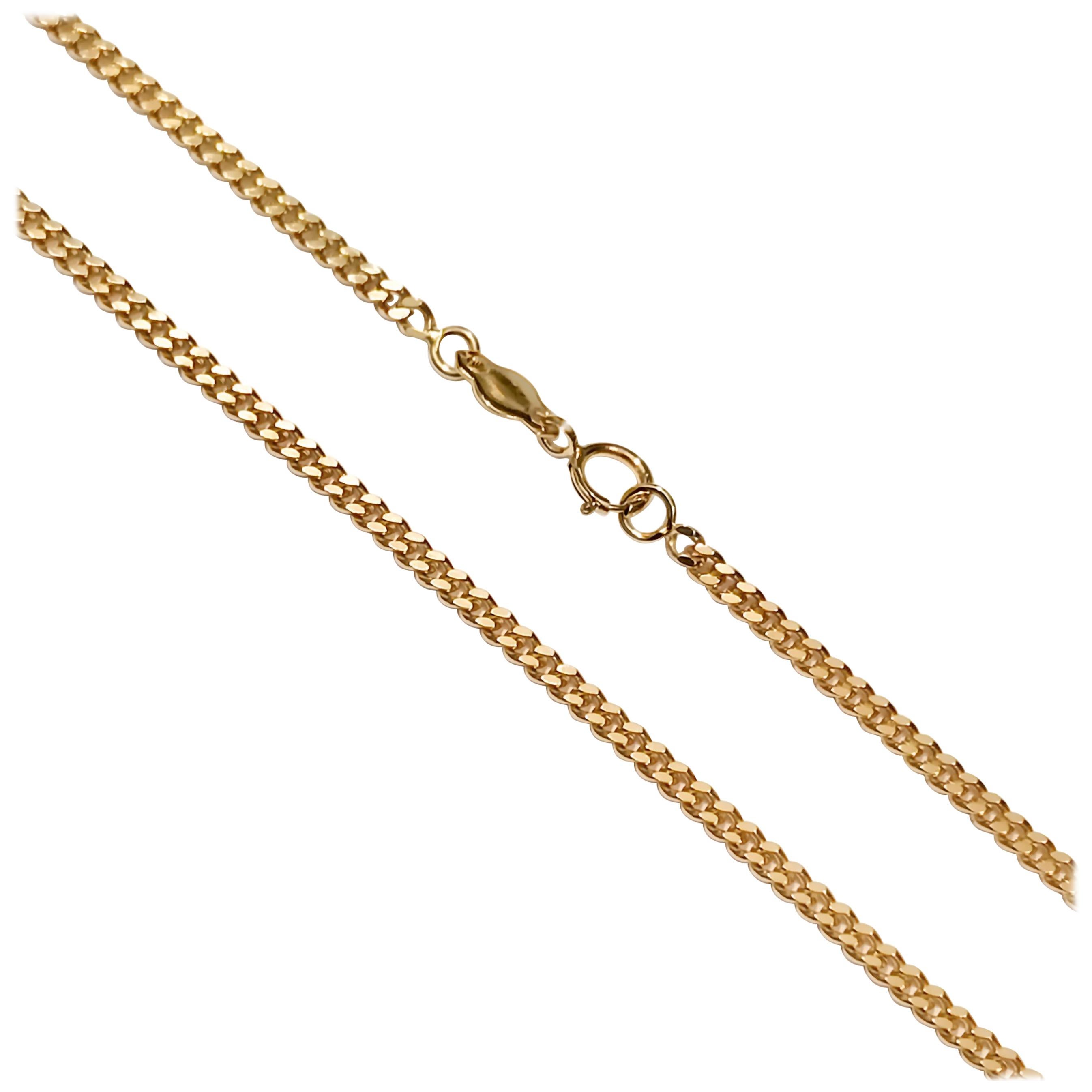 Solid 18 Karat yellow gold flat curb chain.
Hallmark: London’s  Goldsmiths’ Company –  Assay Office
Length:44.00cm
Gauge: 2.00mm
Weight: 7.05g
All our jewellery are new and have never been previously owned or worn. 
We are a member of the UK
