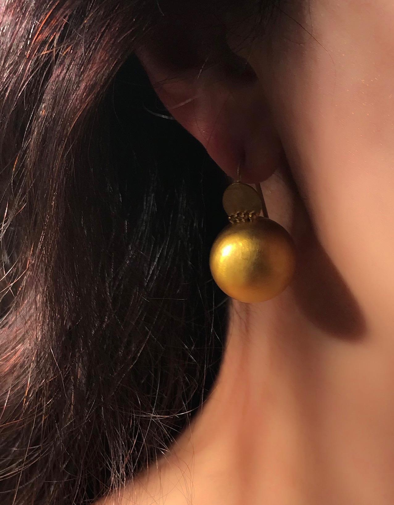 18 Karat Solid Yellow Gold Handmade Satin Finish Hook Drop Earrings 1