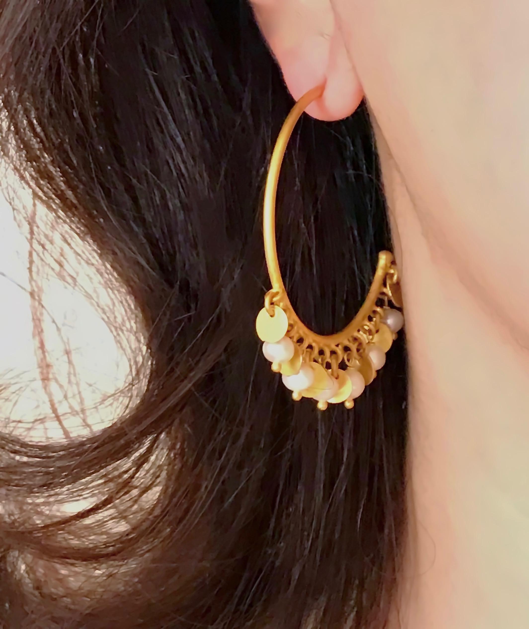 Uncut Handmade 18 Karat Solid Yellow Gold Satin Finish Pearl Hoop Earrings  For Sale
