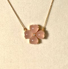 Handmade 18 Karat Solid Yellow Gold Pink Chalcedony Clover Pendant Necklace