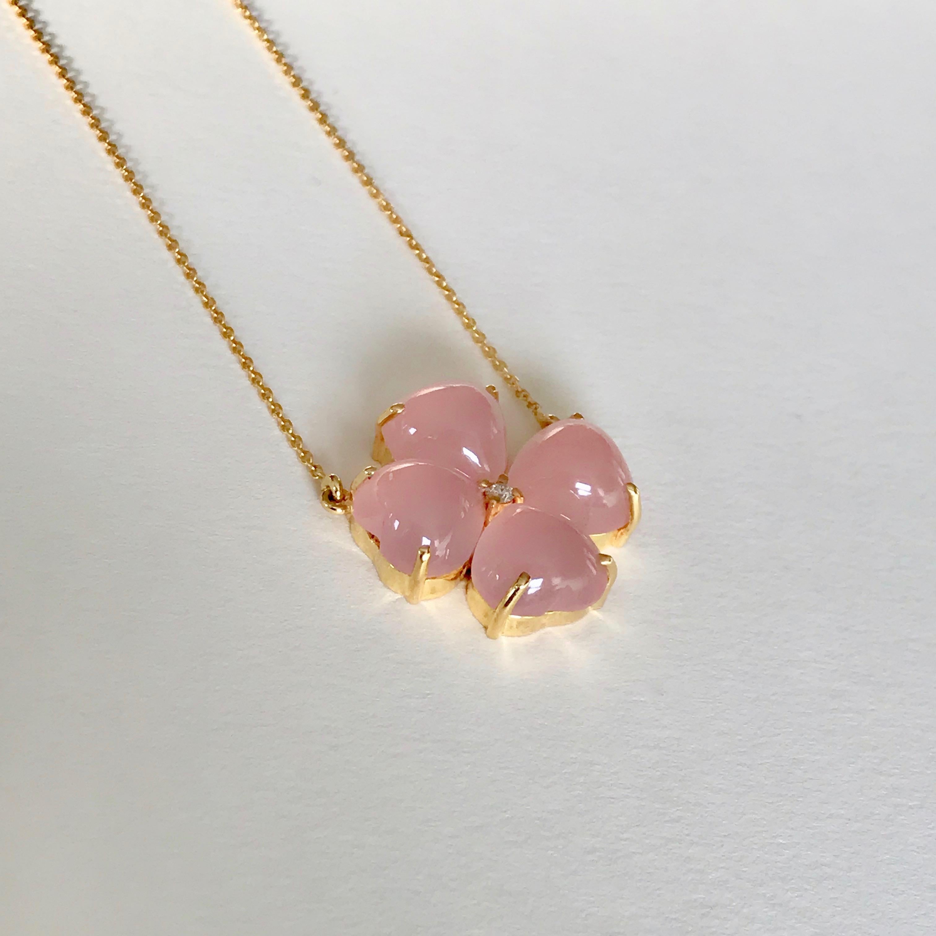 Cabochon Handmade 18 Karat Solid Yellow Gold Pink Chalcedony Clover Pendant Necklace For Sale