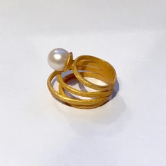 Handmade 18 Karat Solid Yellow Gold Satin Finish Pearl Cocktail Ring