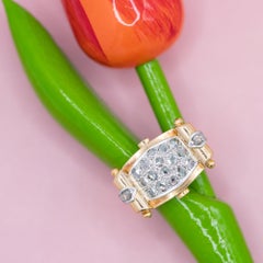 18 karat solid yellow gold tank ring - Authentic rose cut Diamonds - Art Deco