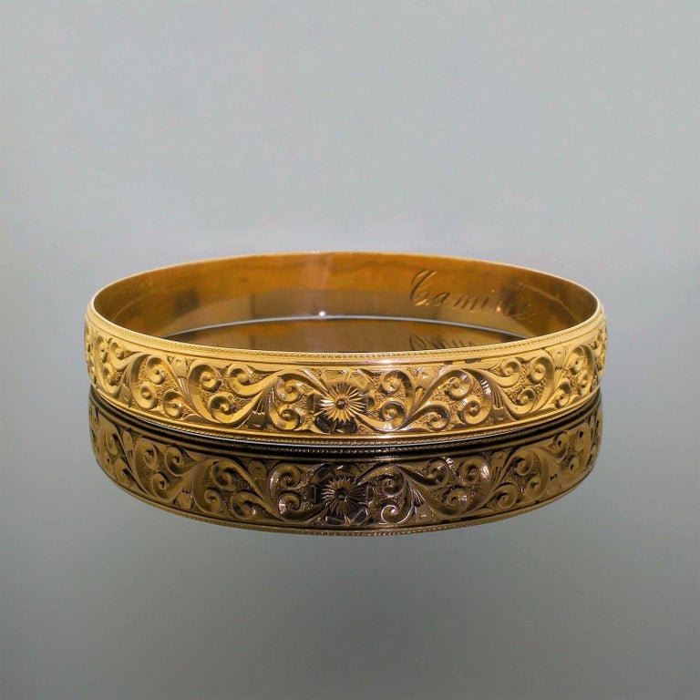 18 Karat Solid Yellow Gold Victorian Style Engraved Heavy Bangle Bracelet For Sale at 1stdibs