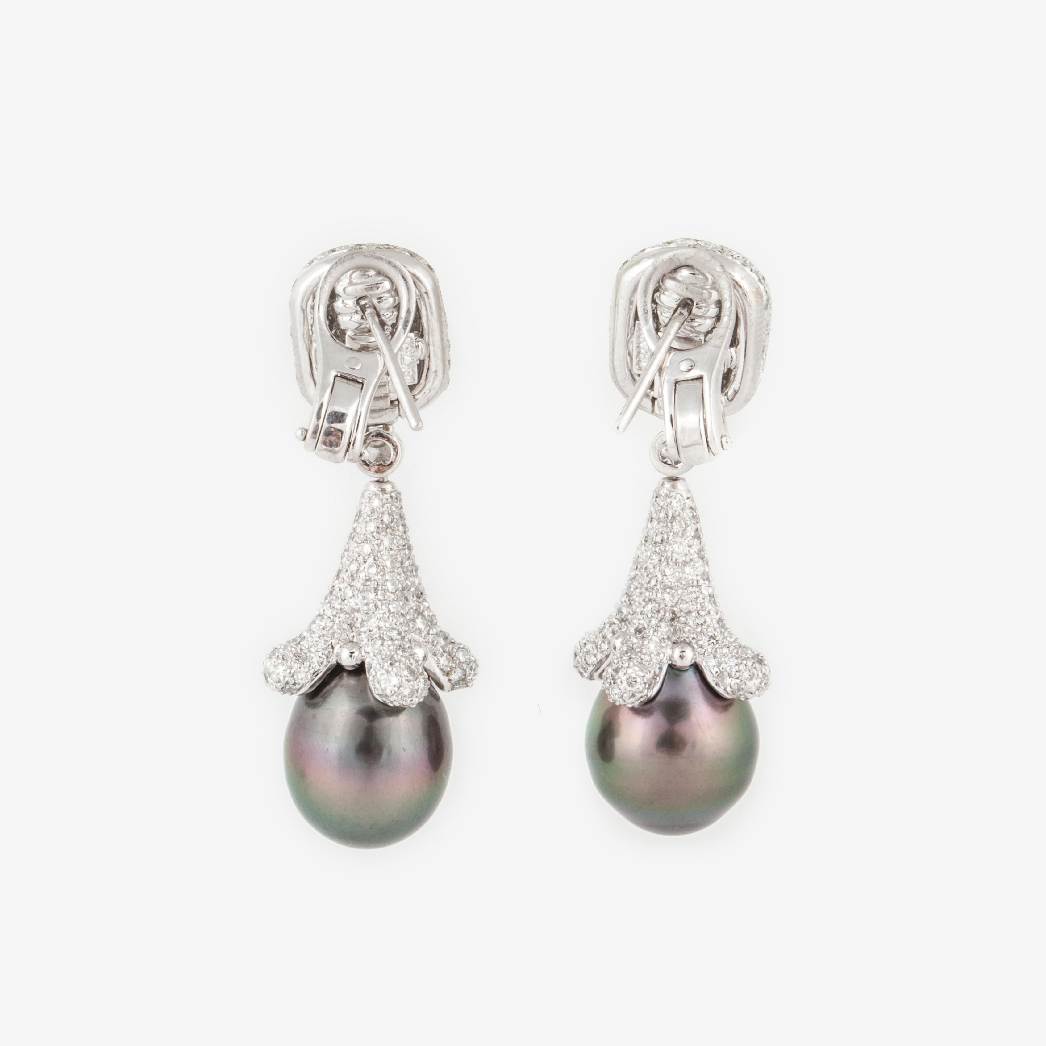 Mixed Cut 18K White Gold South Sea Gray Pearl and Diamond Drop Earrings  For Sale