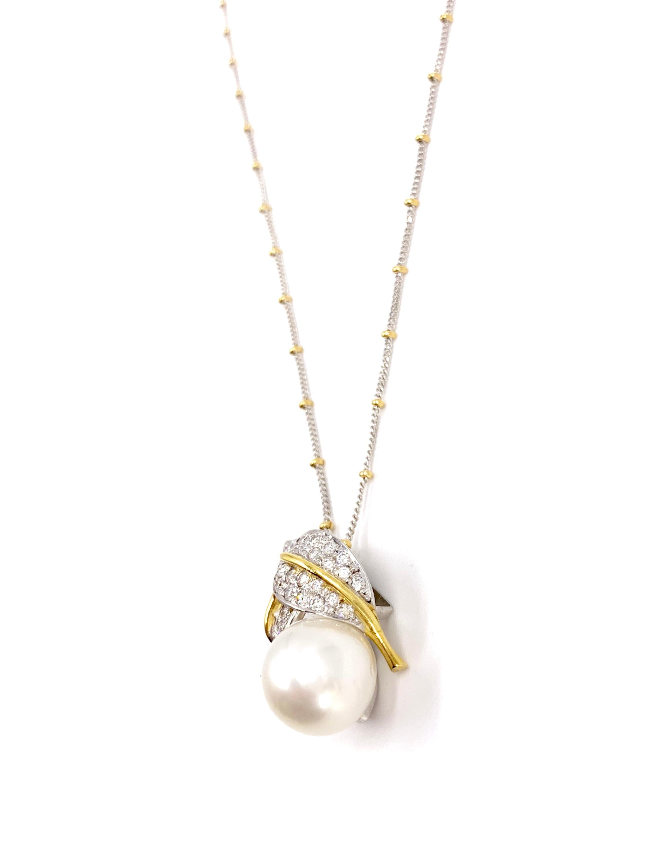 Women's 18 Karat South Sea Pearl and Diamond Leaf Pendant Necklace For Sale