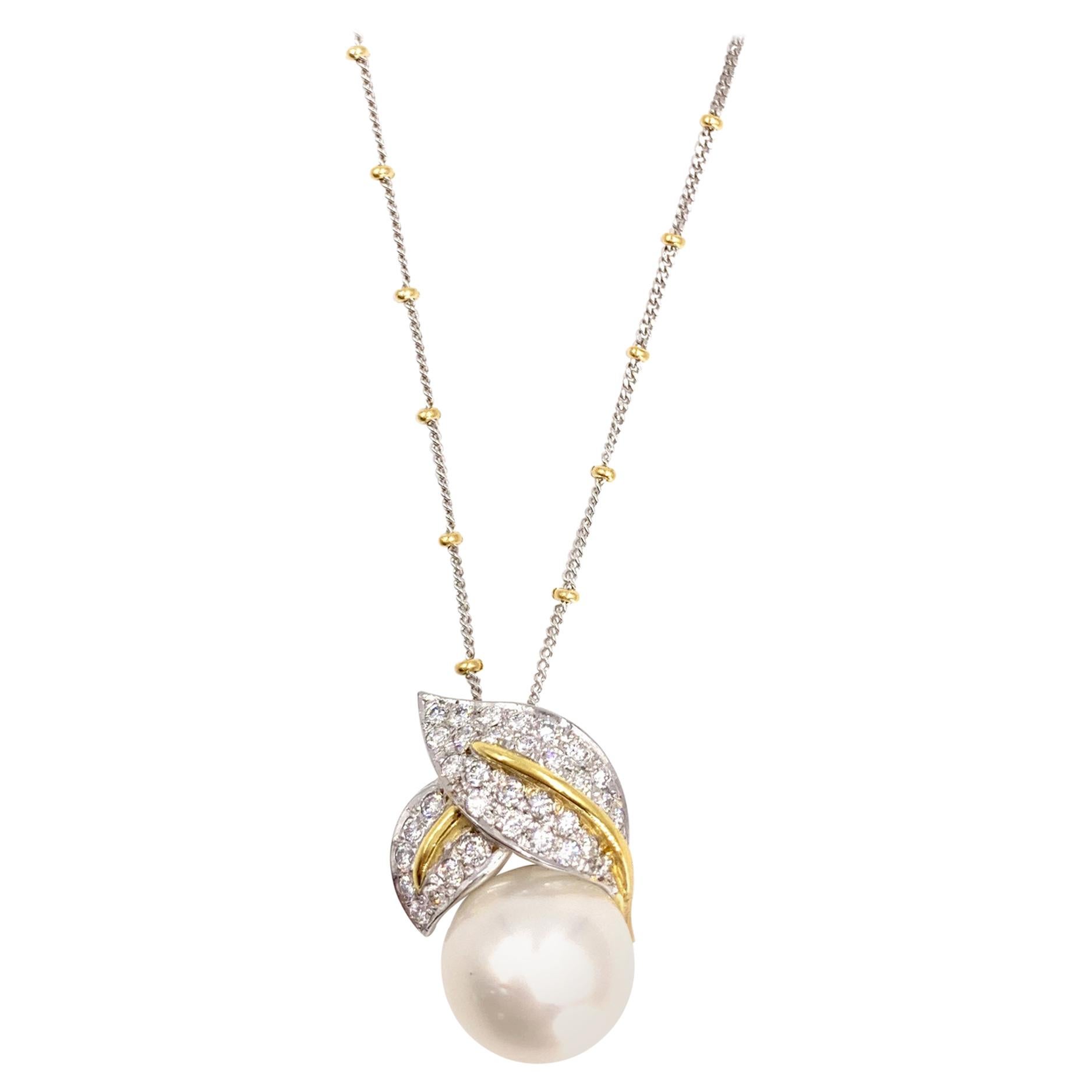 18 Karat South Sea Pearl and Diamond Leaf Pendant Necklace For Sale