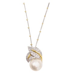 18 Karat South Sea Pearl and Diamond Leaf Pendant Necklace