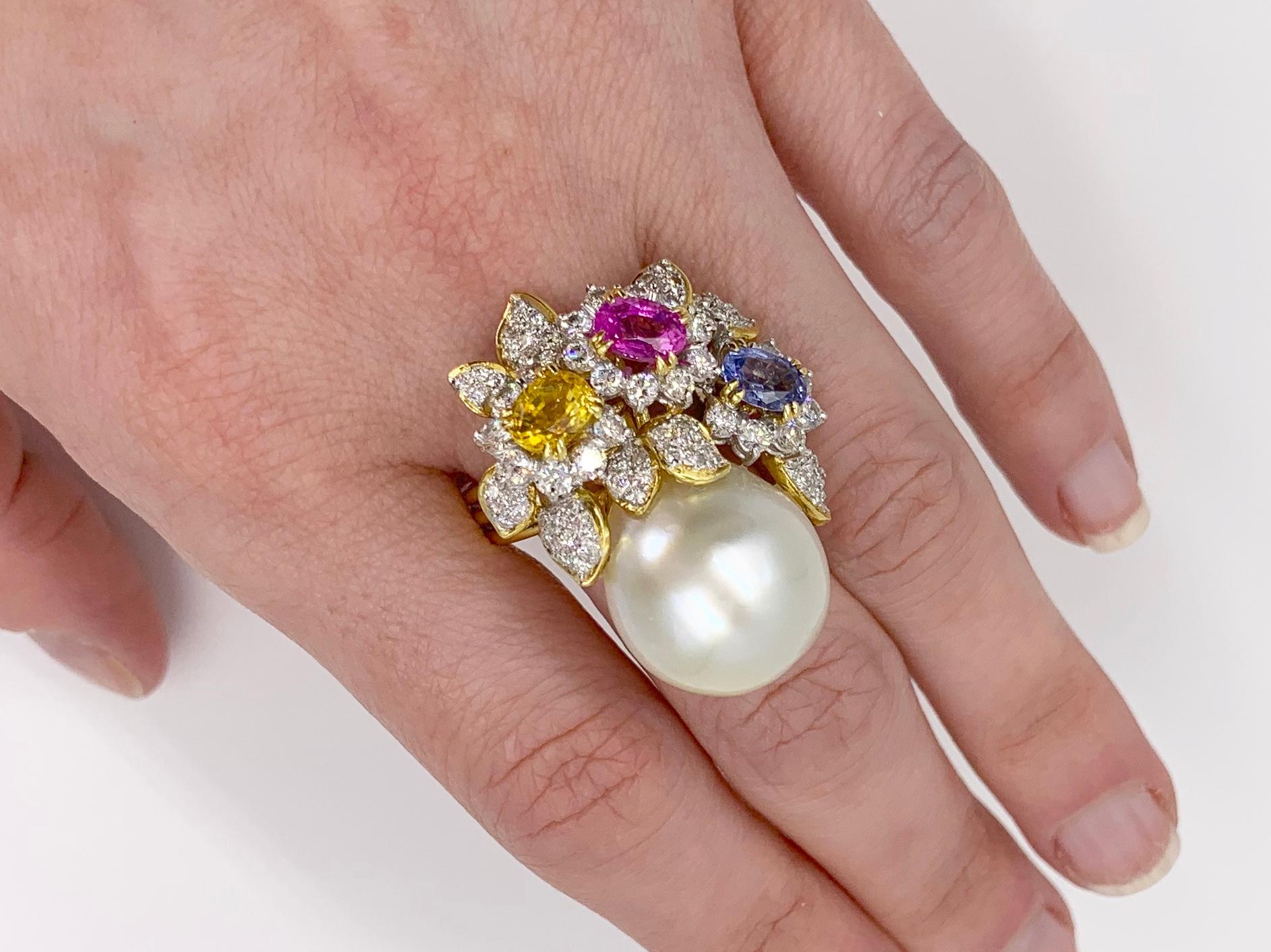 18 Karat South Sea Pearl, Diamond and Multicolored Sapphire Cocktail Ring 8