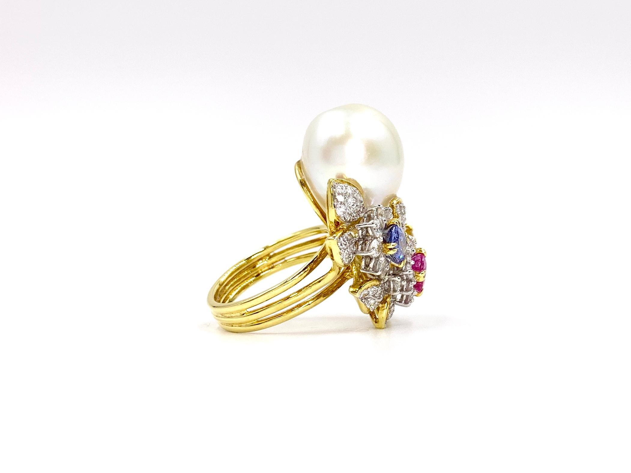 18 Karat South Sea Pearl, Diamond and Multicolored Sapphire Cocktail Ring In Excellent Condition In Pikesville, MD