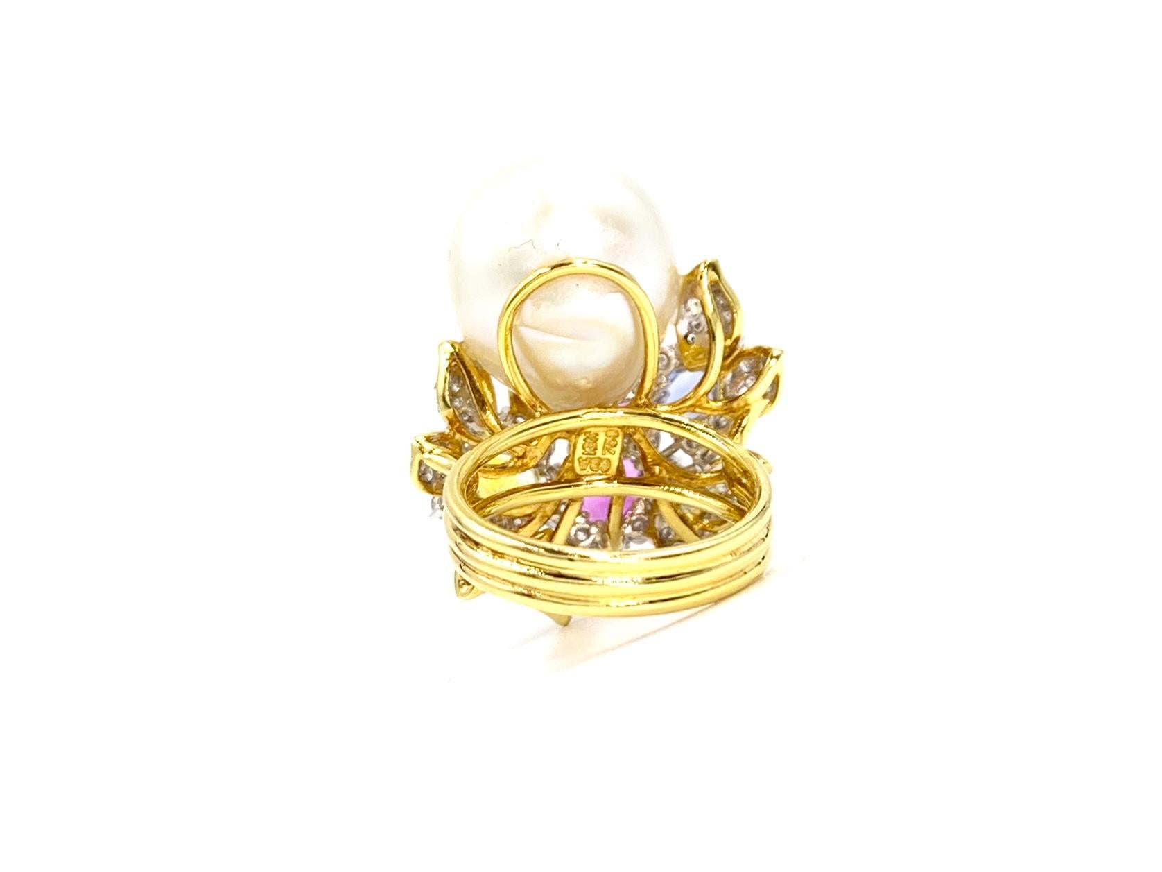 Women's 18 Karat South Sea Pearl, Diamond and Multicolored Sapphire Cocktail Ring