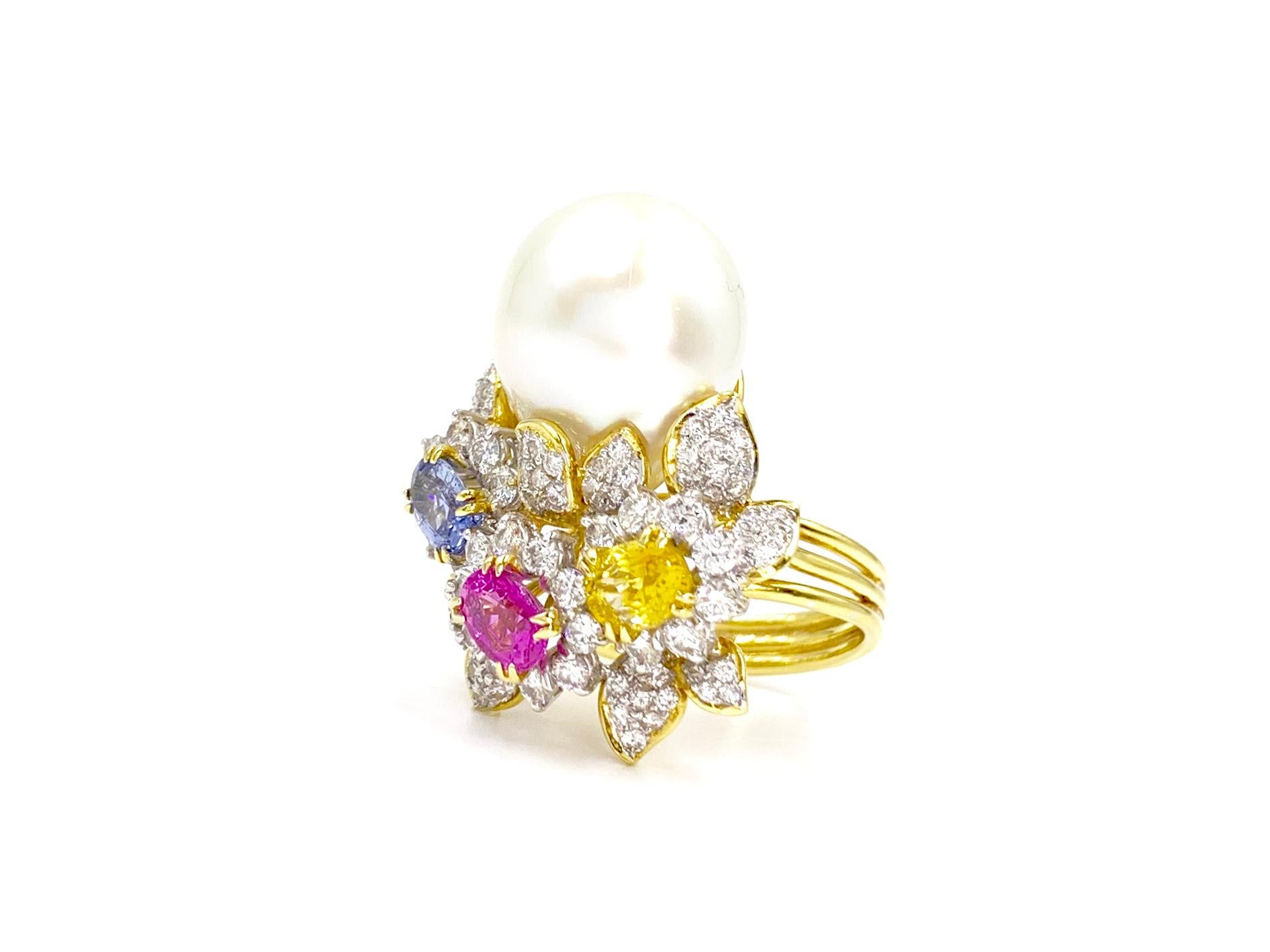 18 Karat South Sea Pearl, Diamond and Multicolored Sapphire Cocktail Ring 2