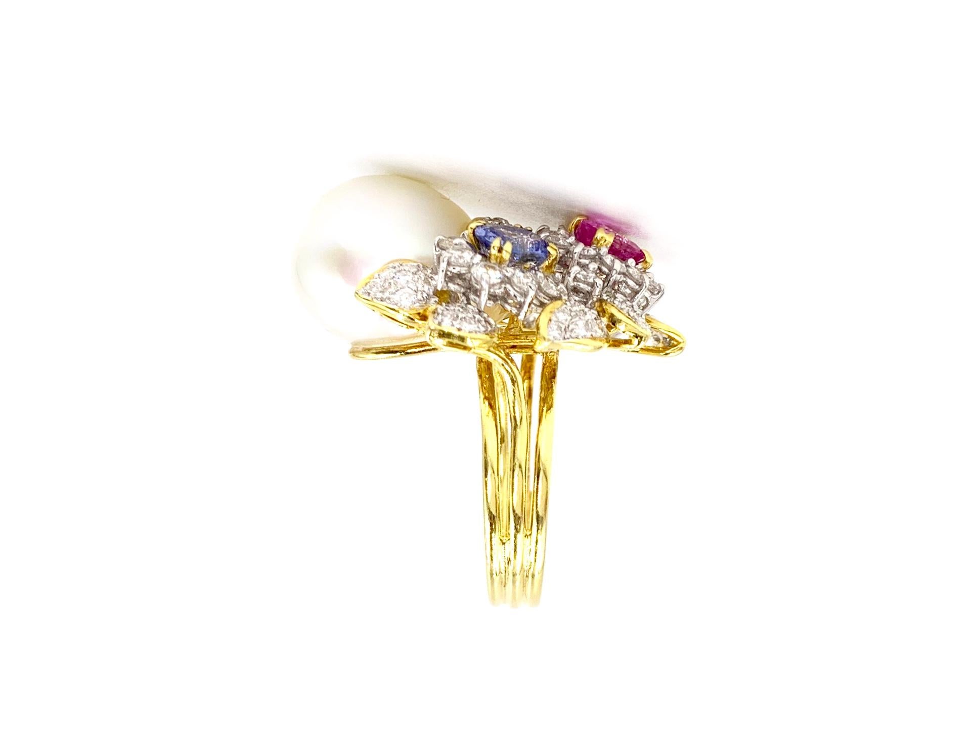 18 Karat South Sea Pearl, Diamond and Multicolored Sapphire Cocktail Ring 3