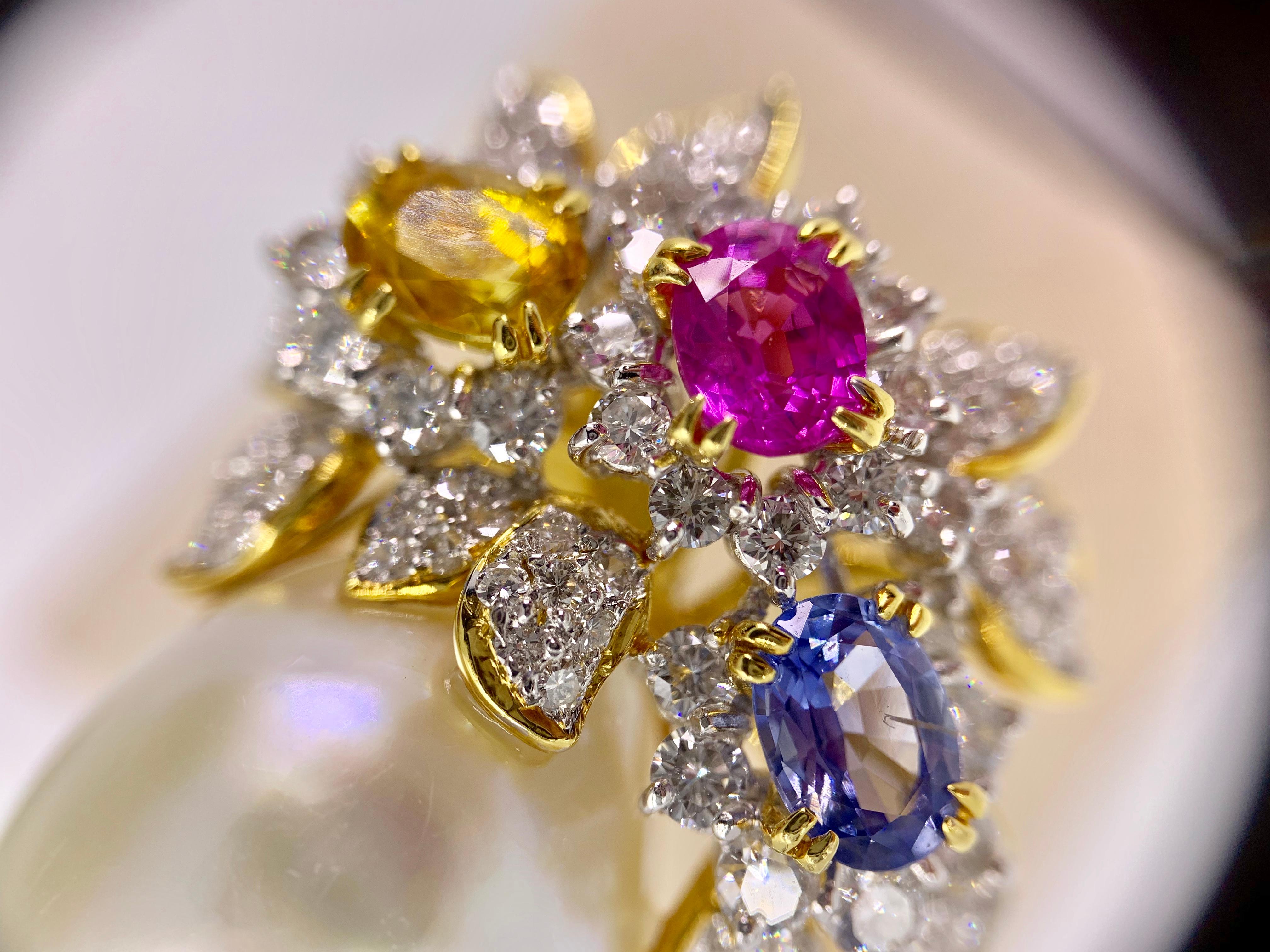 18 Karat South Sea Pearl, Diamond and Multicolored Sapphire Cocktail Ring 5