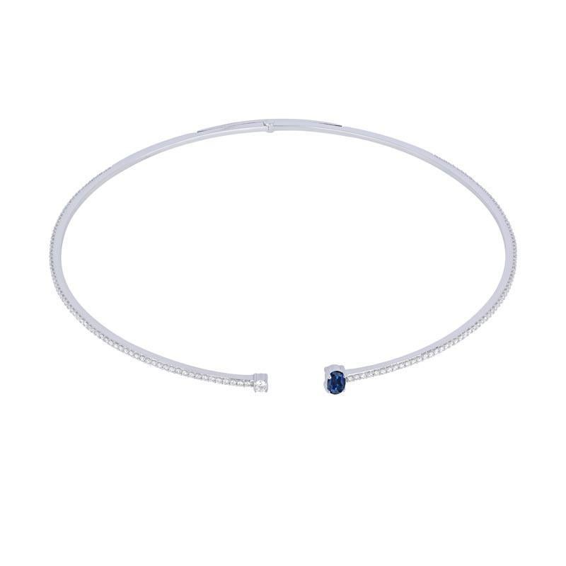 Contemporary 18 Karat Spectrum White Gold Necklace with Vs-Gh Diamonds and Blue Sapphire For Sale