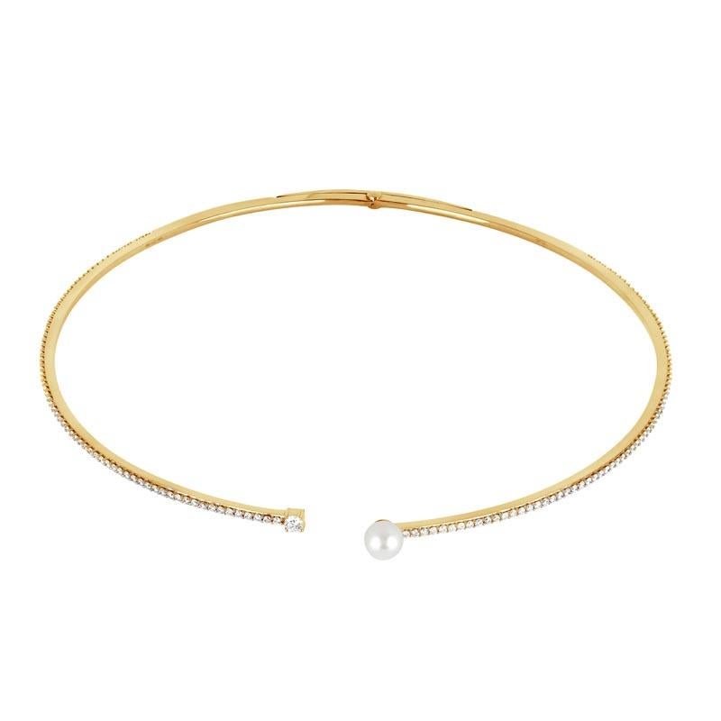 Contemporary 18 Karat Spectrum Yellow Gold Necklace with Vs-Gh Diamonds and White Pearl For Sale