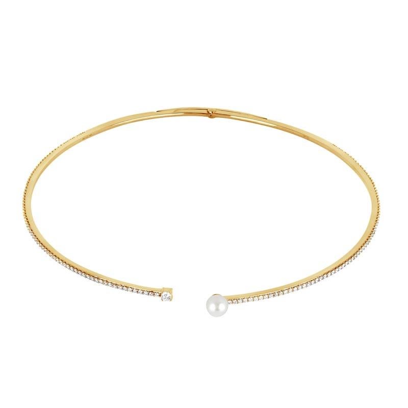 Brilliant Cut 18 Karat Spectrum Yellow Gold Necklace with Vs-Gh Diamonds and White Pearl For Sale