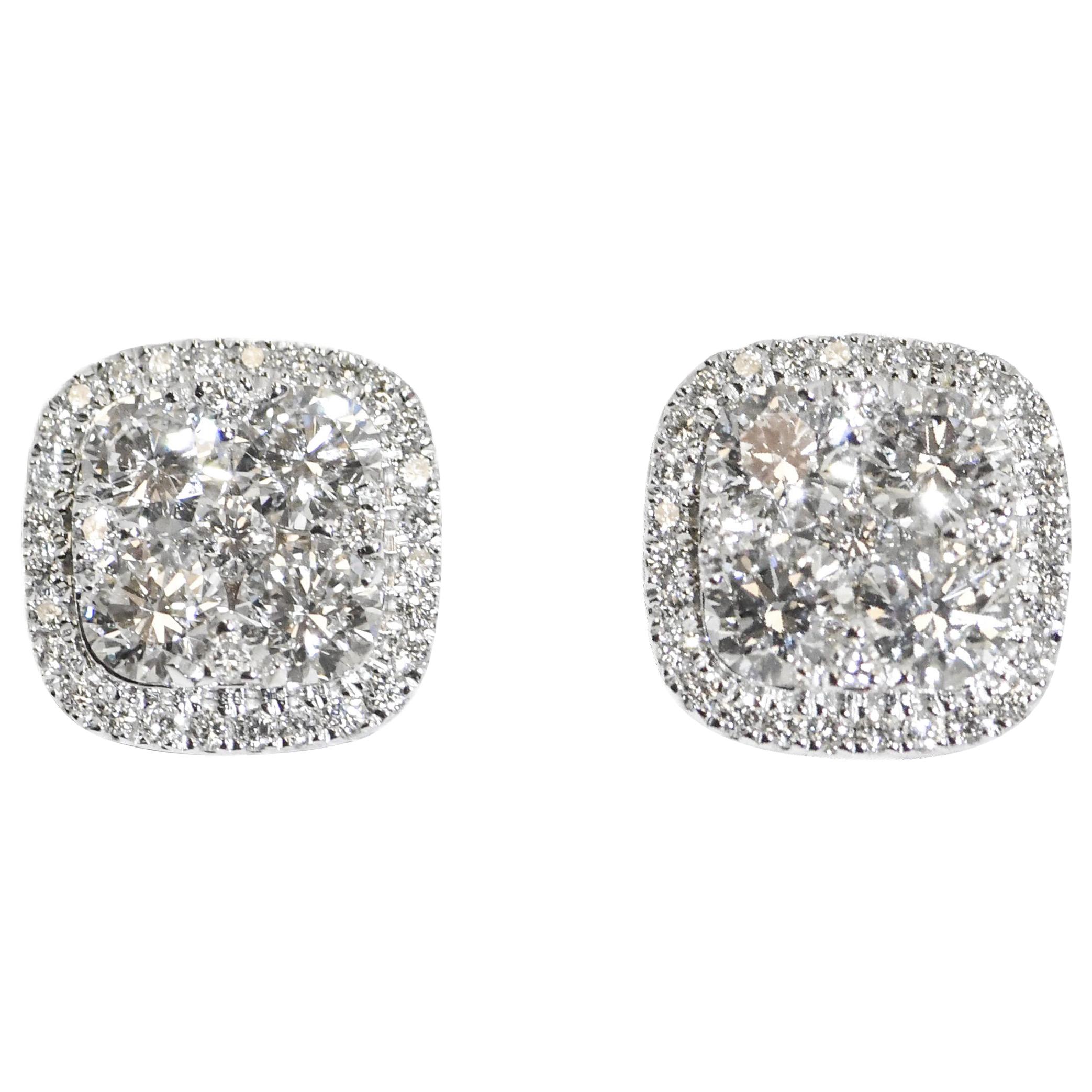 18 Karat Square Shape Diamond Cluster Pierced Stud Earrings For Sale