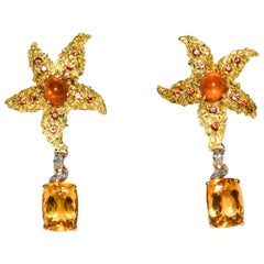 18 Karat Starfish Earrings Pink Sapphires, Cabochon Citrine with Enhancer