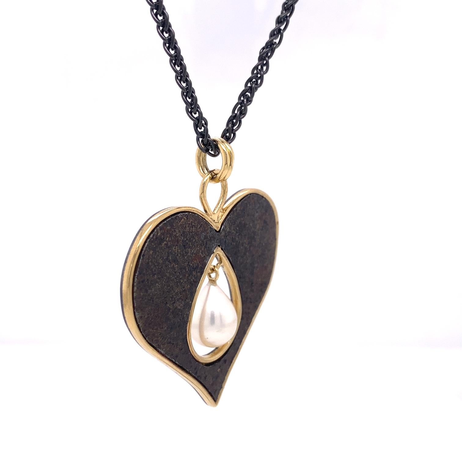 Contemporary 18 Karat, Sterling Silver, and Rusted Iron Heart Necklace with a Pearl