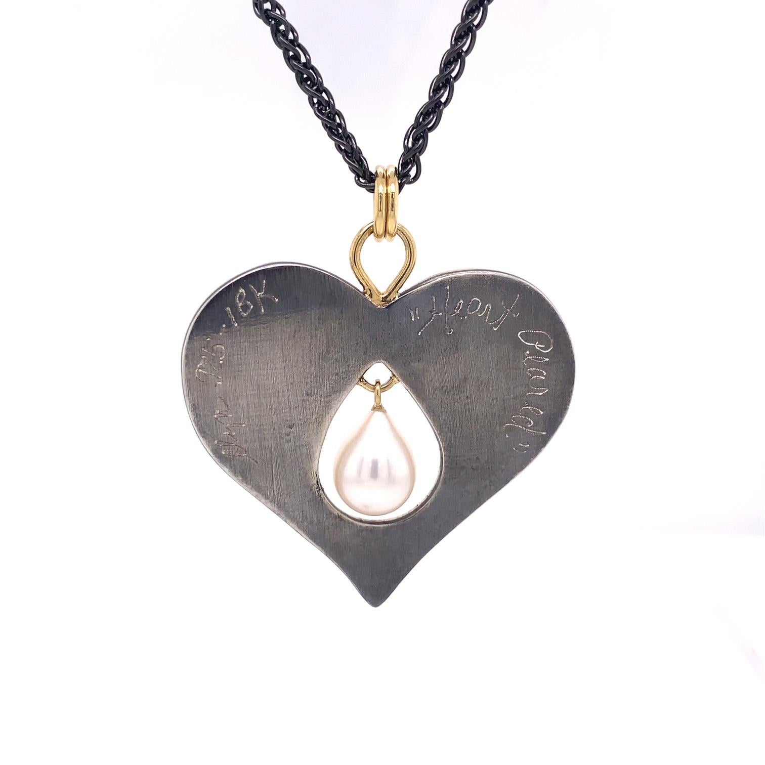 Bead 18 Karat, Sterling Silver, and Rusted Iron Heart Necklace with a Pearl