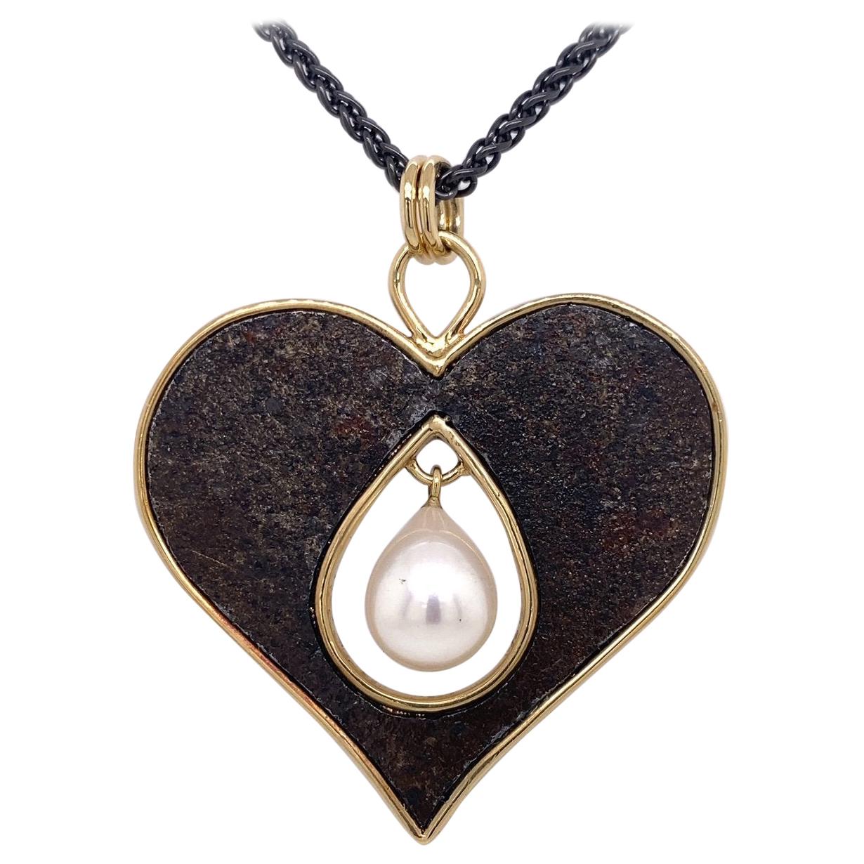 18 Karat, Sterling Silver, and Rusted Iron Heart Necklace with a Pearl