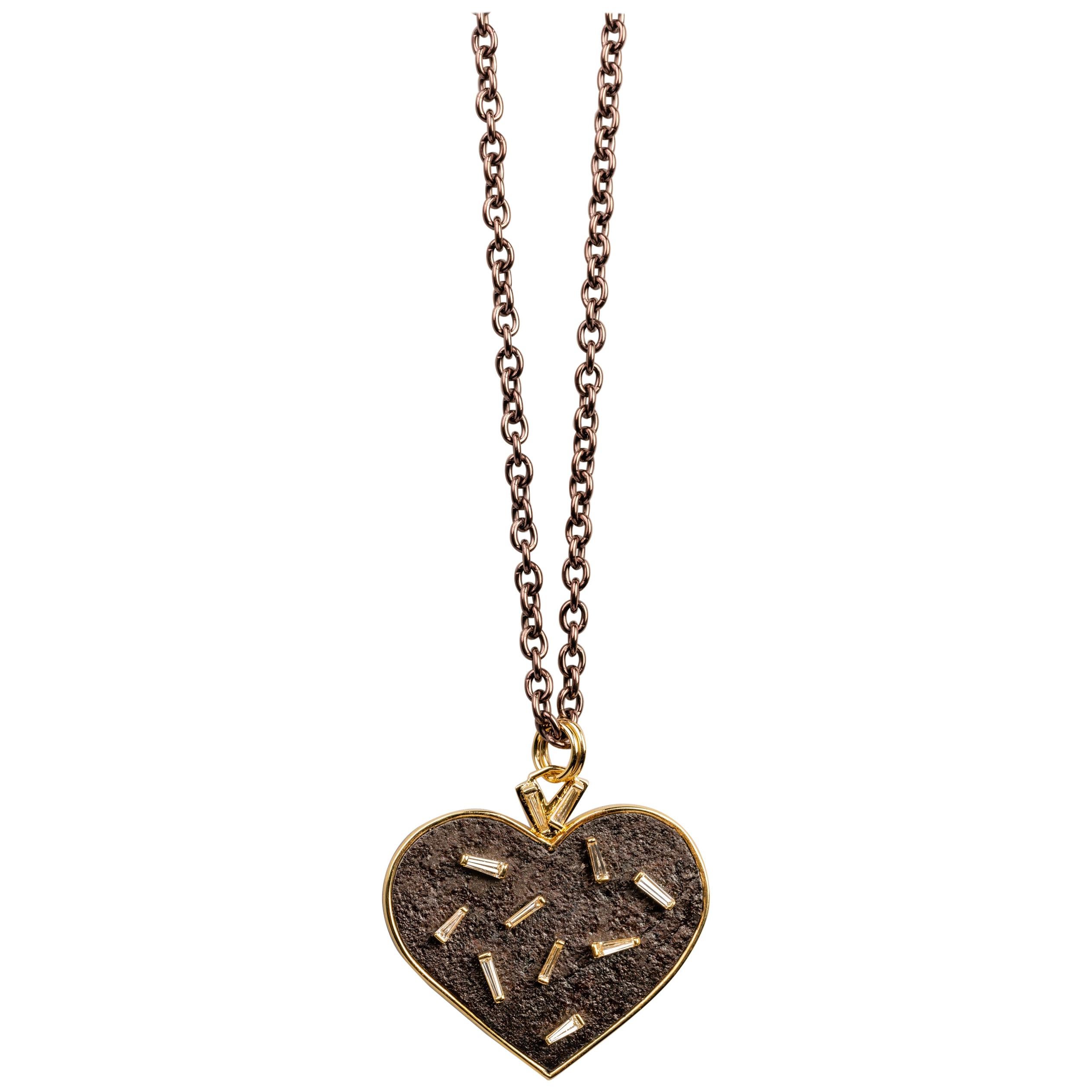 18 Karat, Sterling Silver, and Rusted Iron Heart Necklace with Baguette Diamonds