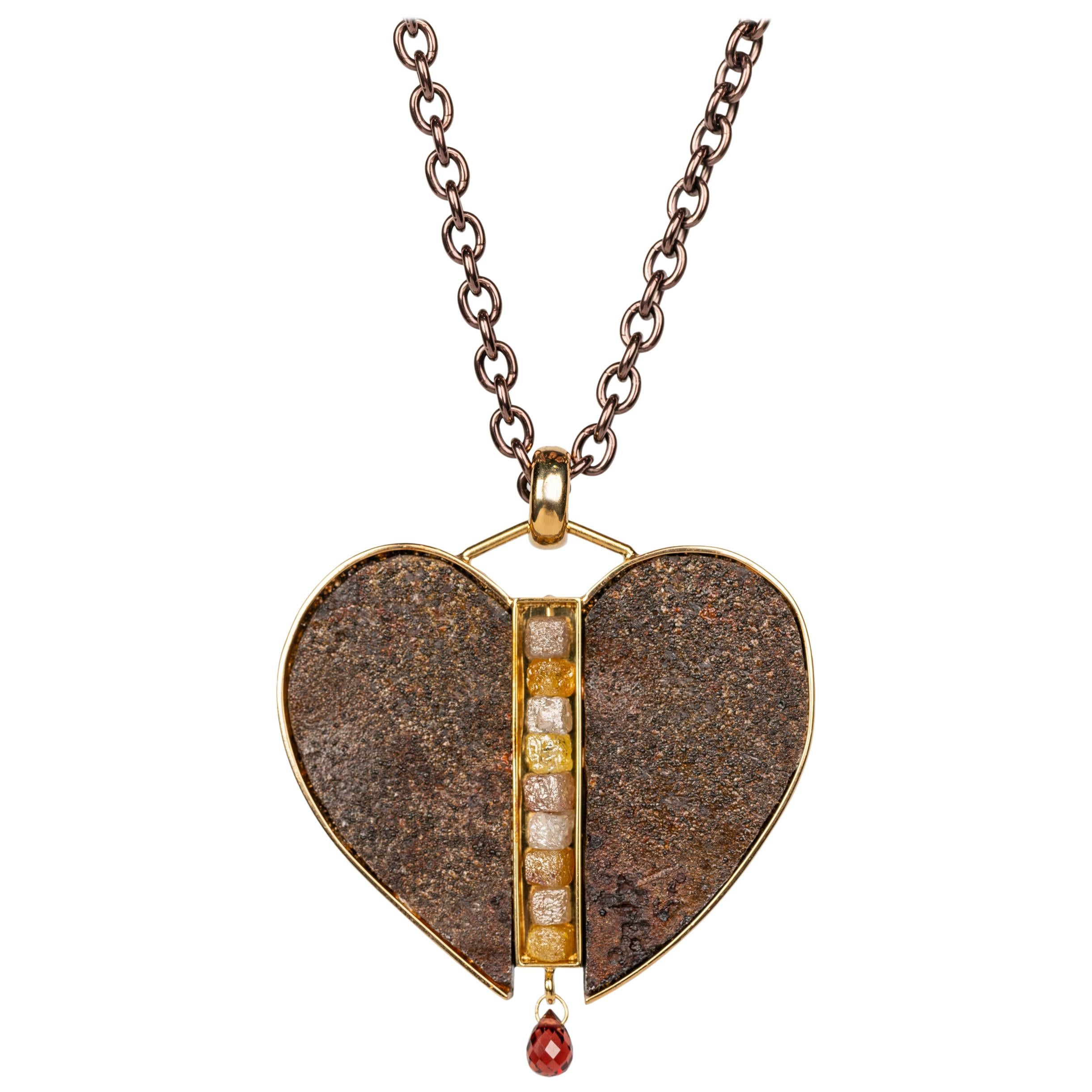 18 Karat Sterling Silver and Rusted Iron Heart Necklace with Garnet and Diamonds
