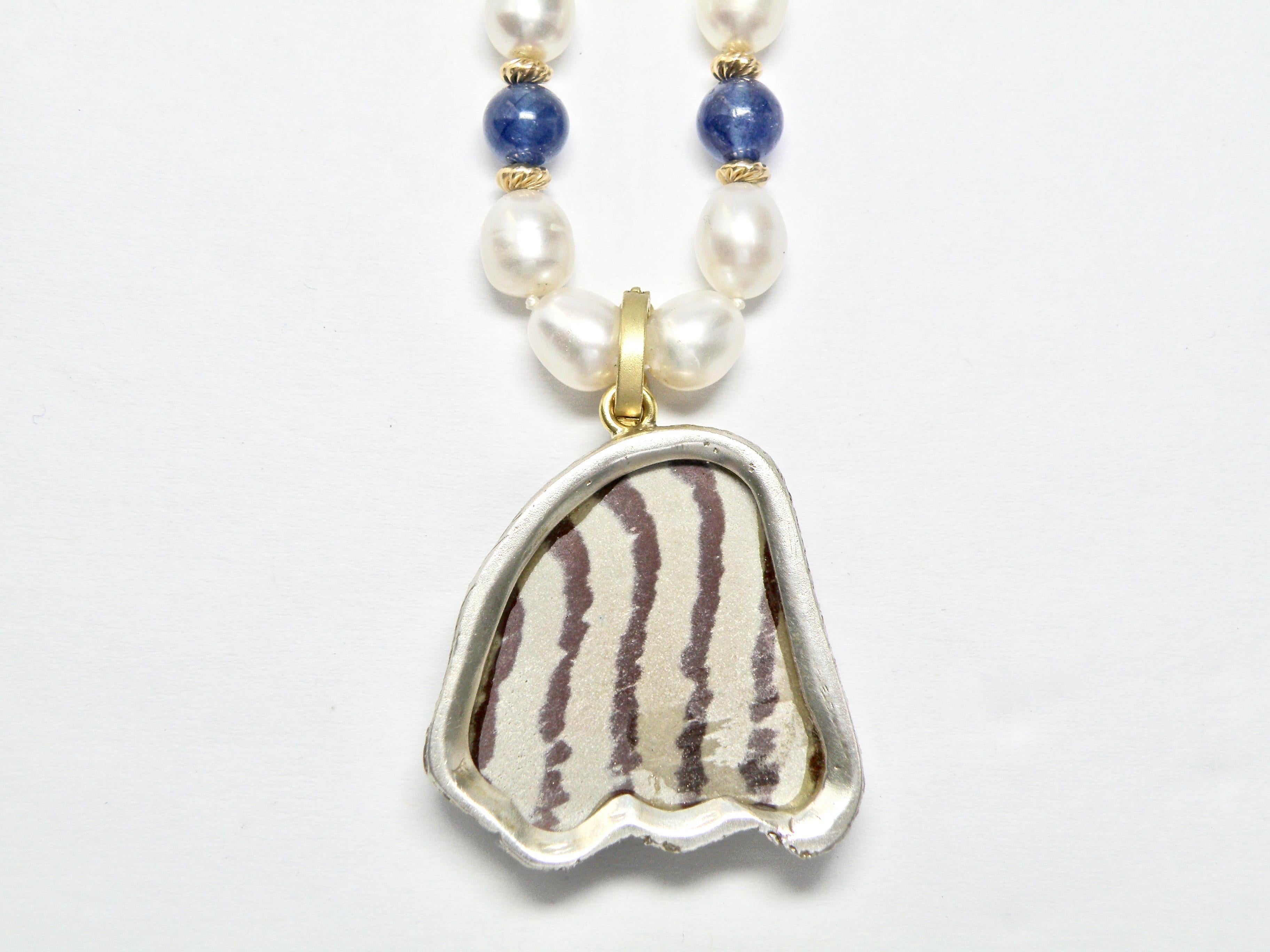 Contemporary 18 Karat, Sterling Silver Bezeled and Sapphire Hand Carved Jasper Tiger Pendant For Sale