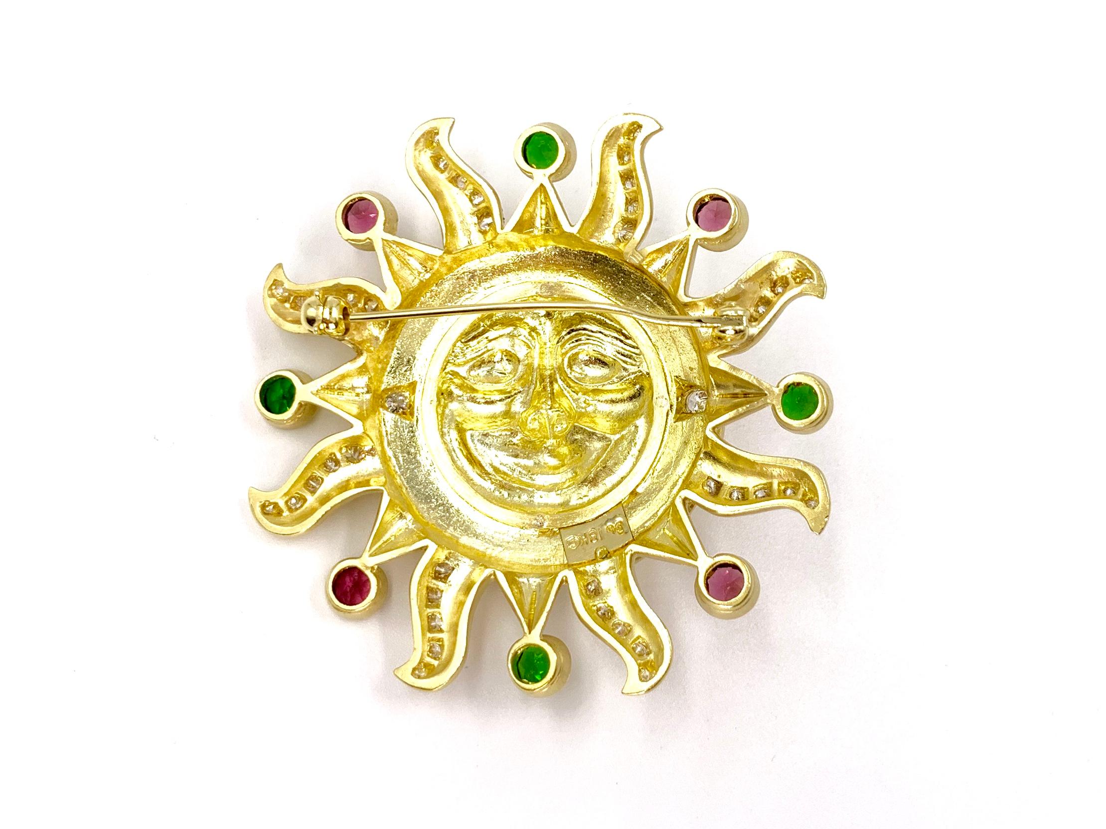 Round Cut 18 Karat Sun Brooch with Diamonds and Tourmaline Gemstones