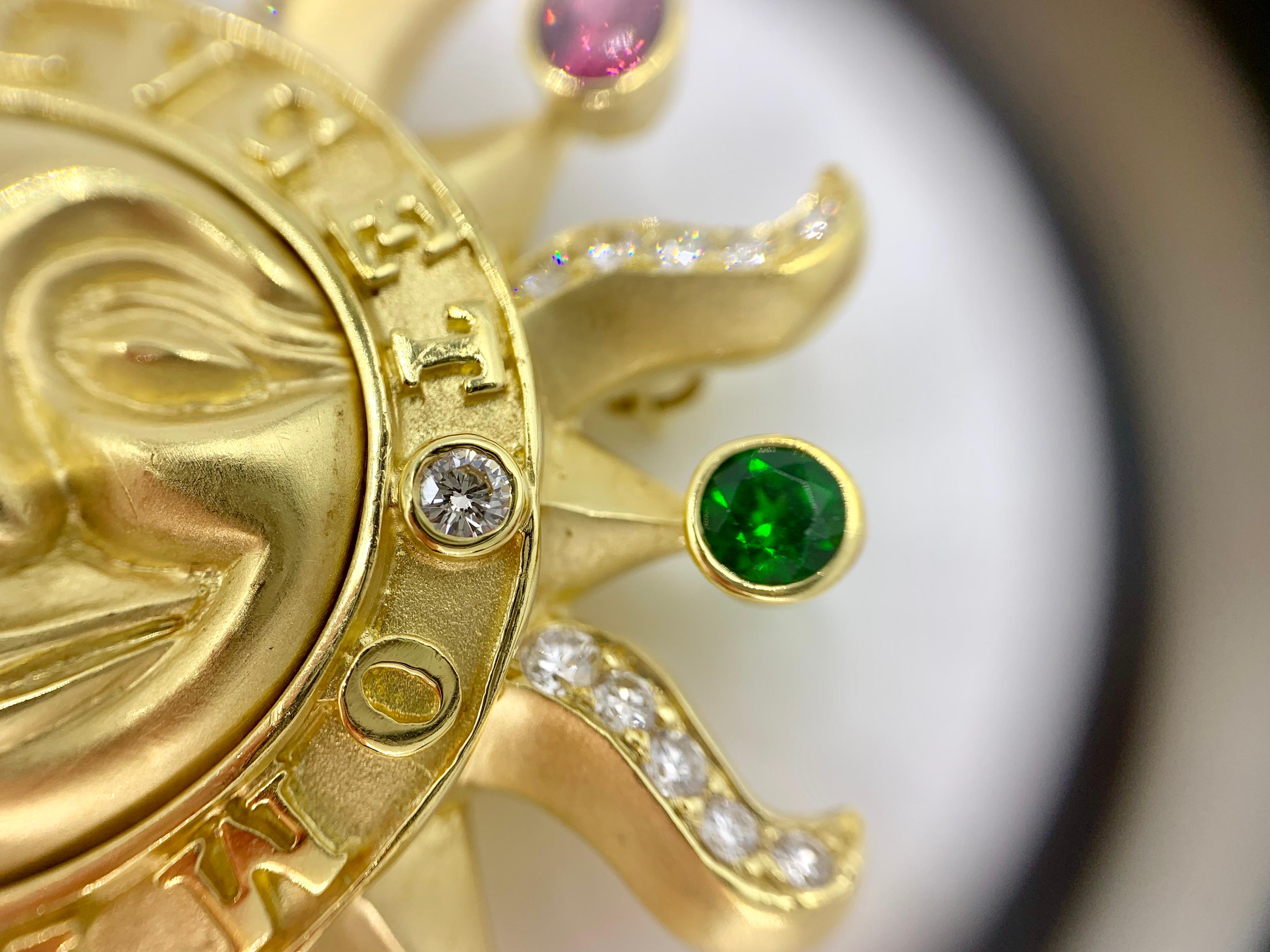 Women's or Men's 18 Karat Sun Brooch with Diamonds and Tourmaline Gemstones