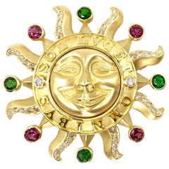 18 Karat Sun Brooch with Diamonds and Tourmaline Gemstones