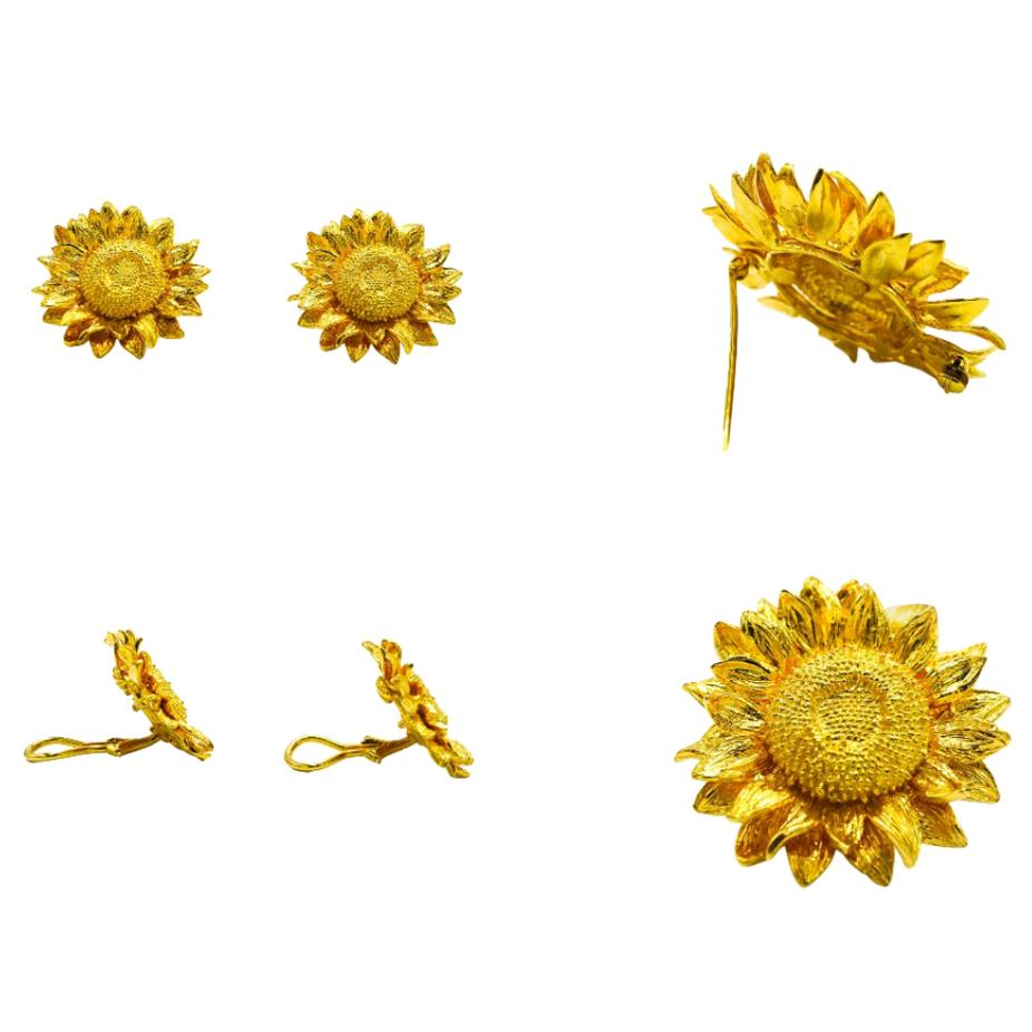 18 Karat Sunflower Ear Clip/Brooch Set Signed with Marker Mark