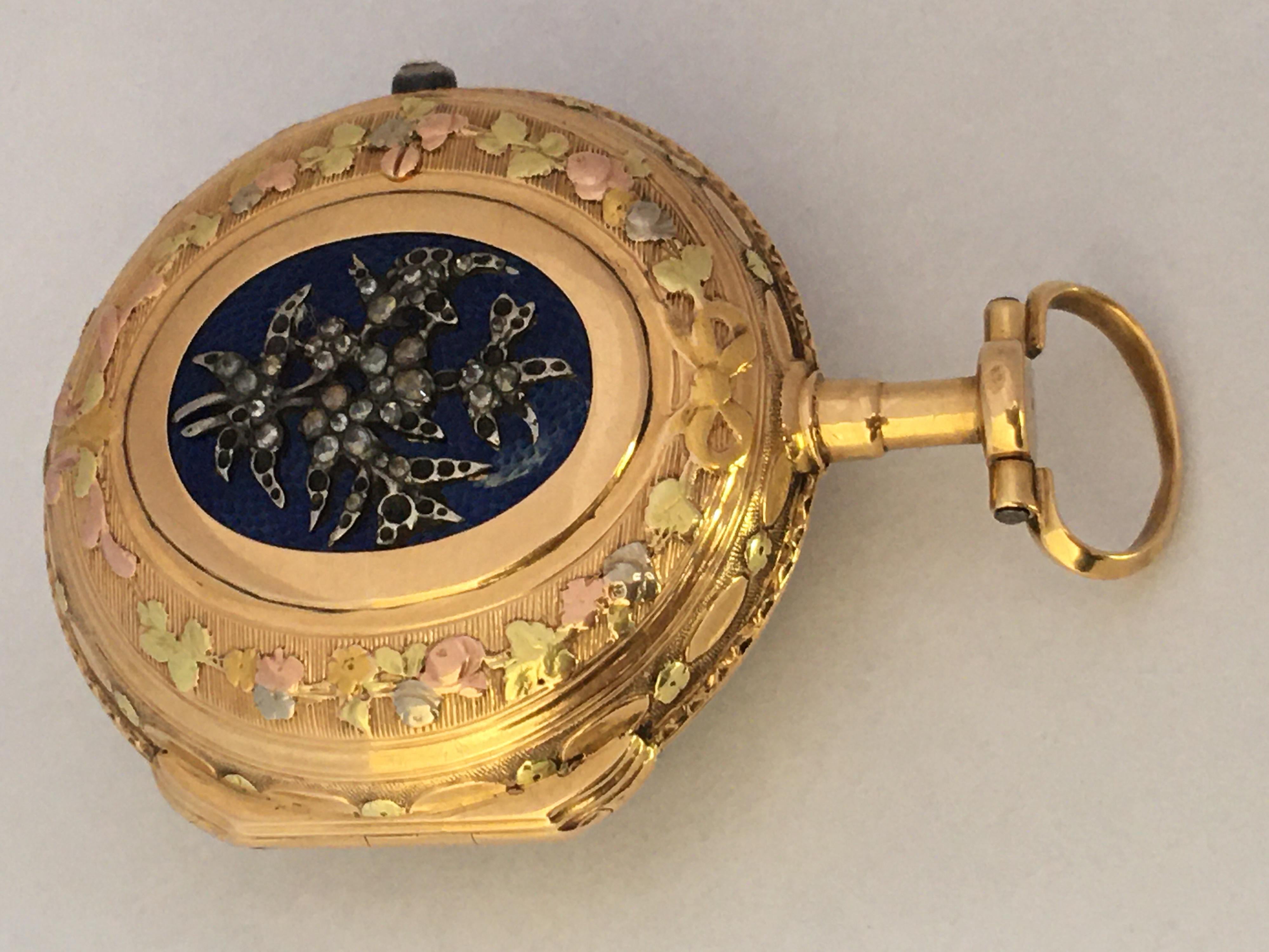 18 Karat Swiss Gold Blue Enamel Tri Colour Fusee Pocket Watch For Sale 9