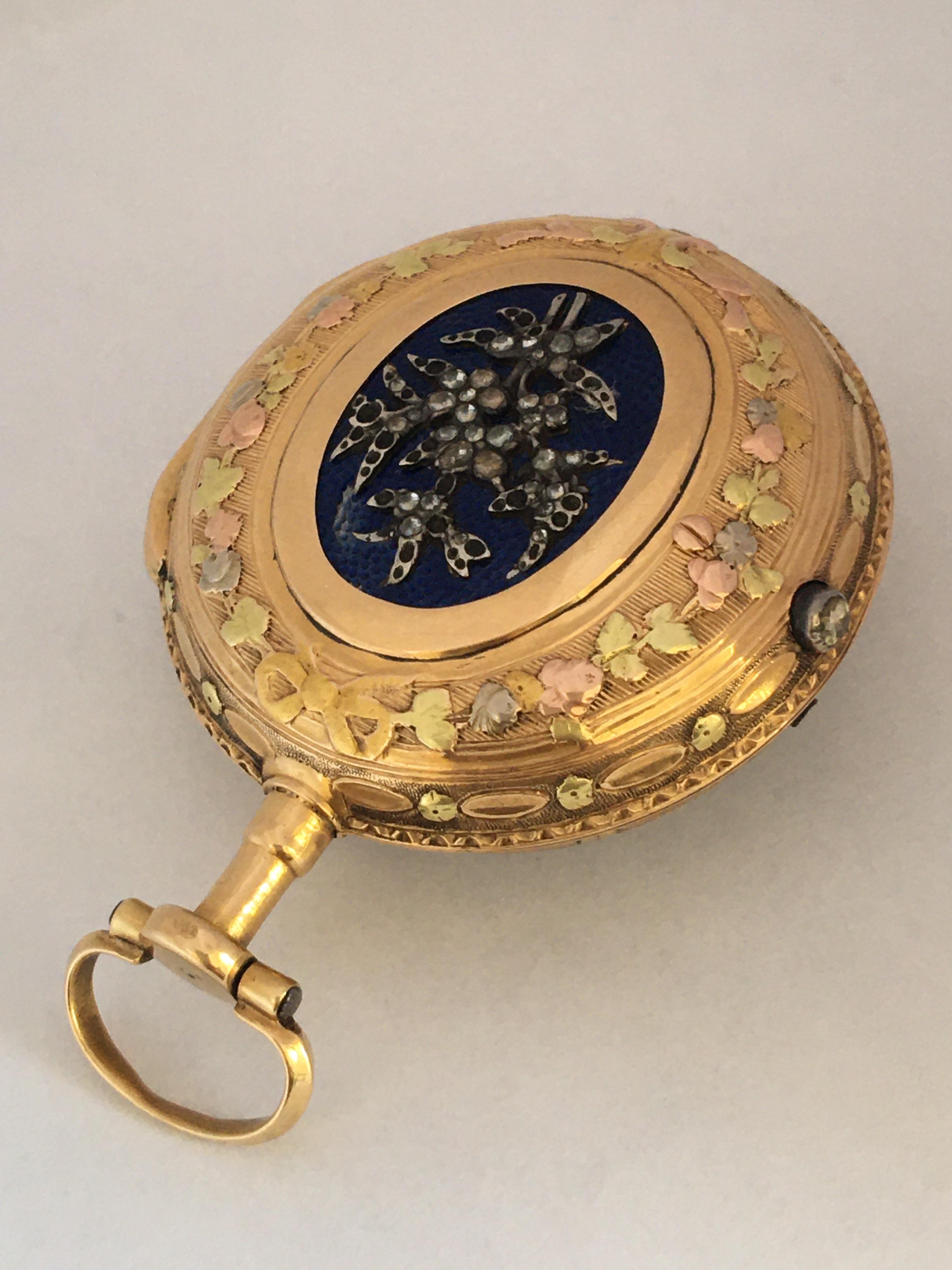 18 Karat Swiss Gold Blue Enamel Tri Colour Fusee Pocket Watch For Sale 13