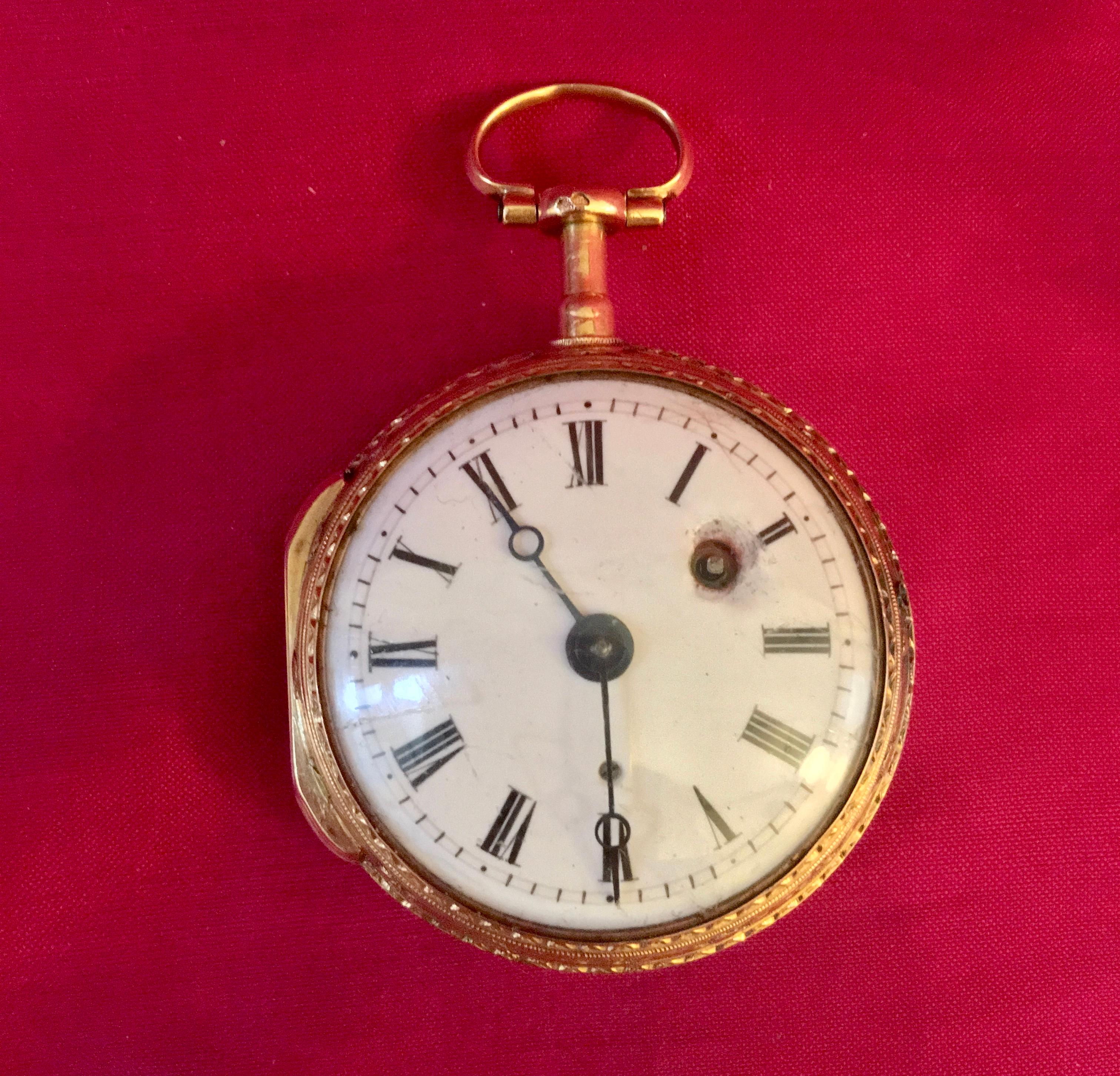 A beautiful handmade Swiss fusee movement 18-karat tri-color gold blue enamel verge pocket watch, circa 1785. In excellent working order.