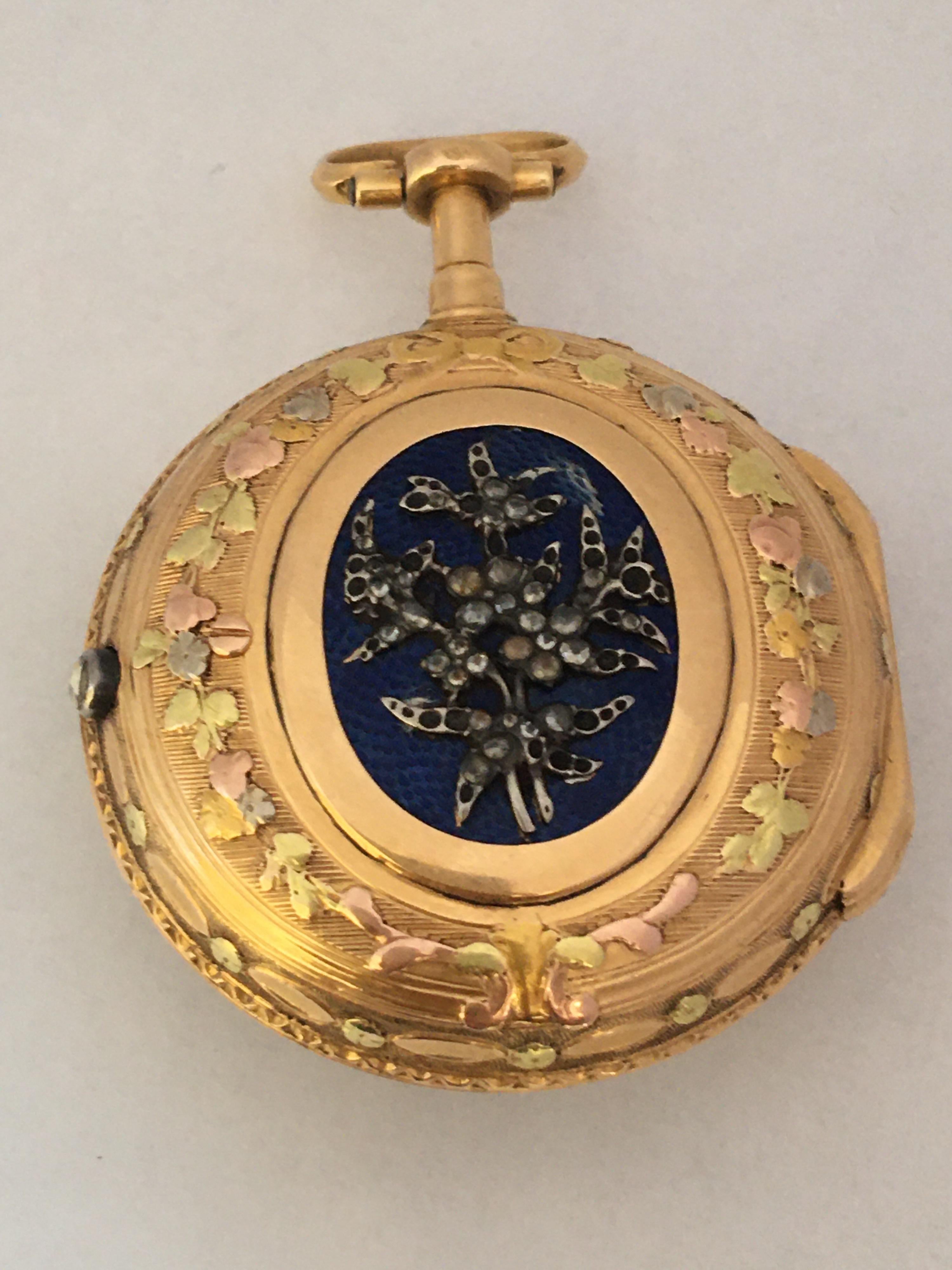 This beautiful handmade fusee movement 18-karat tri-color gold blue enamel verge pocket watch is in good working condition and it is ticking well, Visible signs of ageing and wear with light surface marks on the glass. some chip on the enamel dial