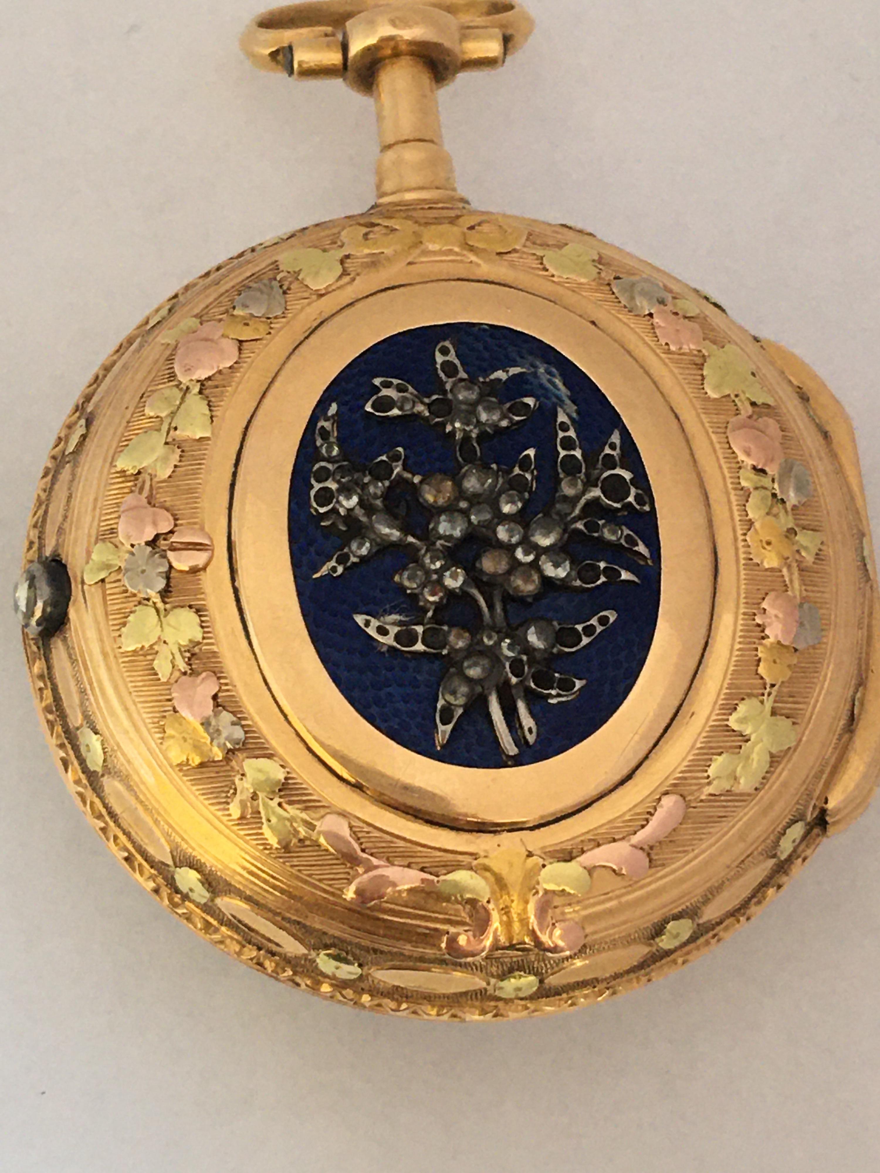 18 Karat Swiss Gold Blue Enamel Tri Colour Fusee Pocket Watch For Sale 3