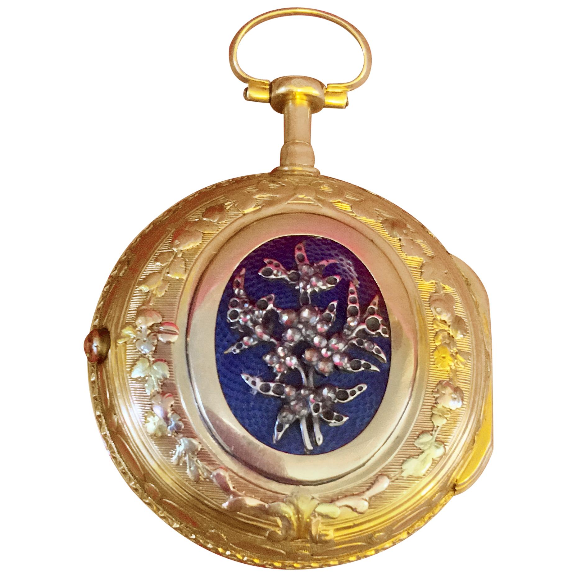 18 Karat Schweizer Gold Blau Emaille Dreifarbige Fusee Taschenuhr im Angebot